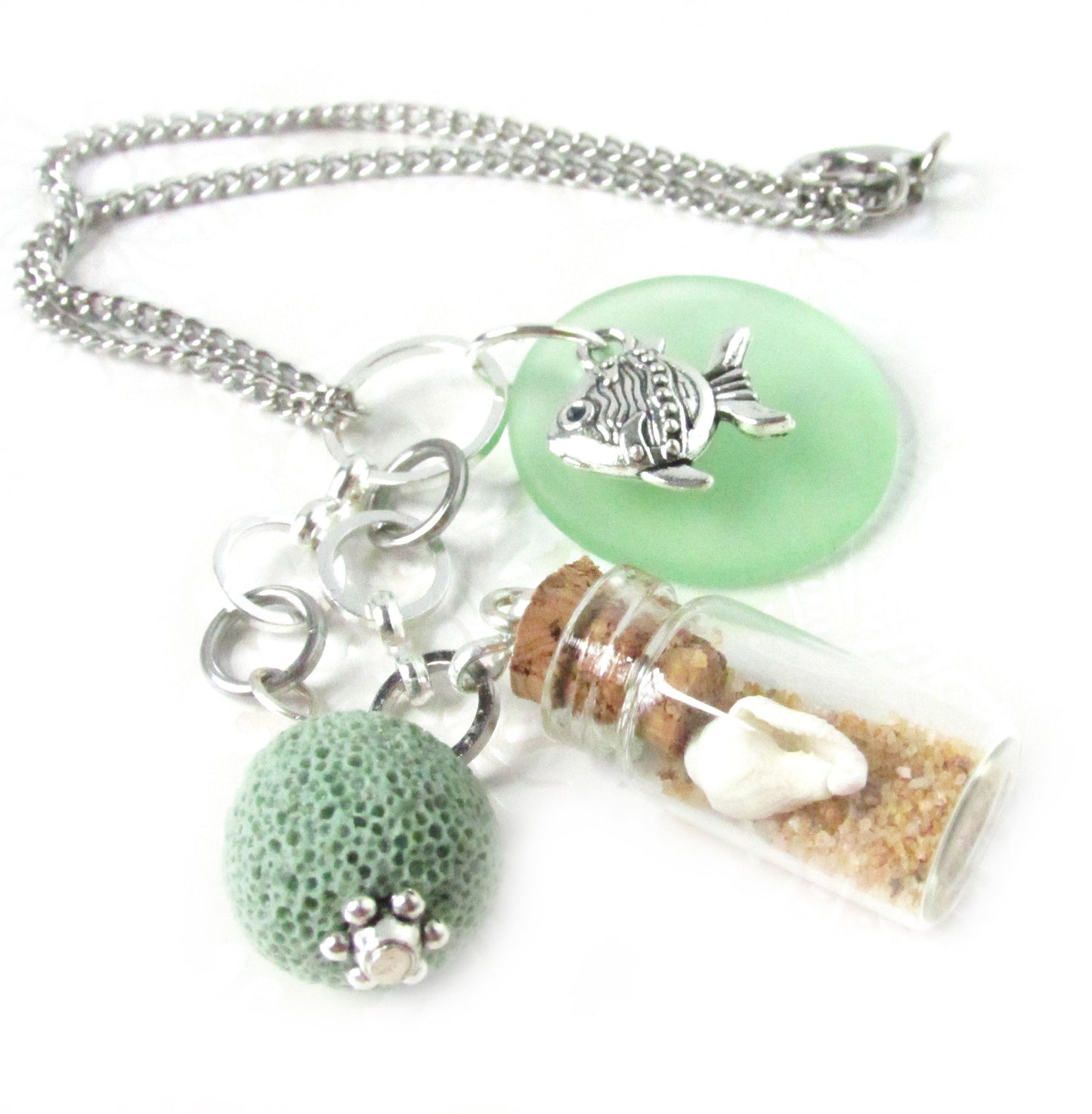 Sea Glass Car Charm – Beach Bottle & Fish Charm Rear View Mirror Diffuser, Coastal Ocean Gift