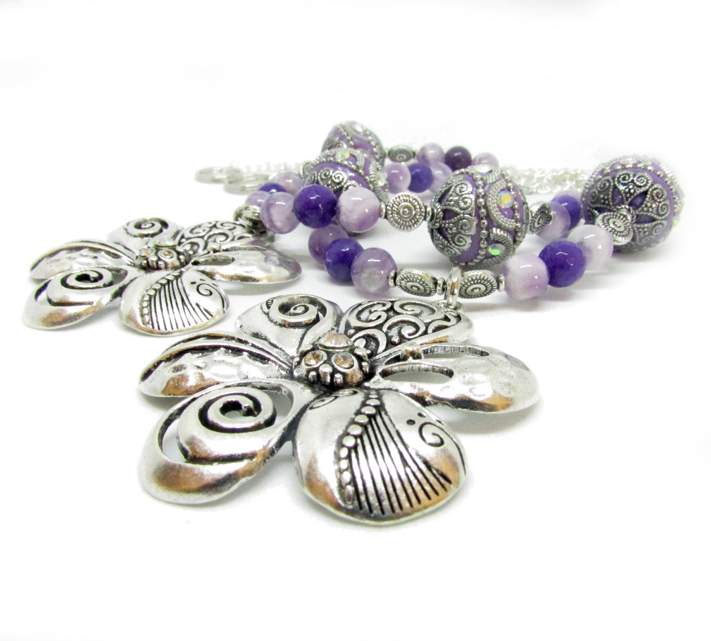 Shabby chic purple beaded curtain tieback set of 2 with silver flower focal and chain, girls room boho window decor