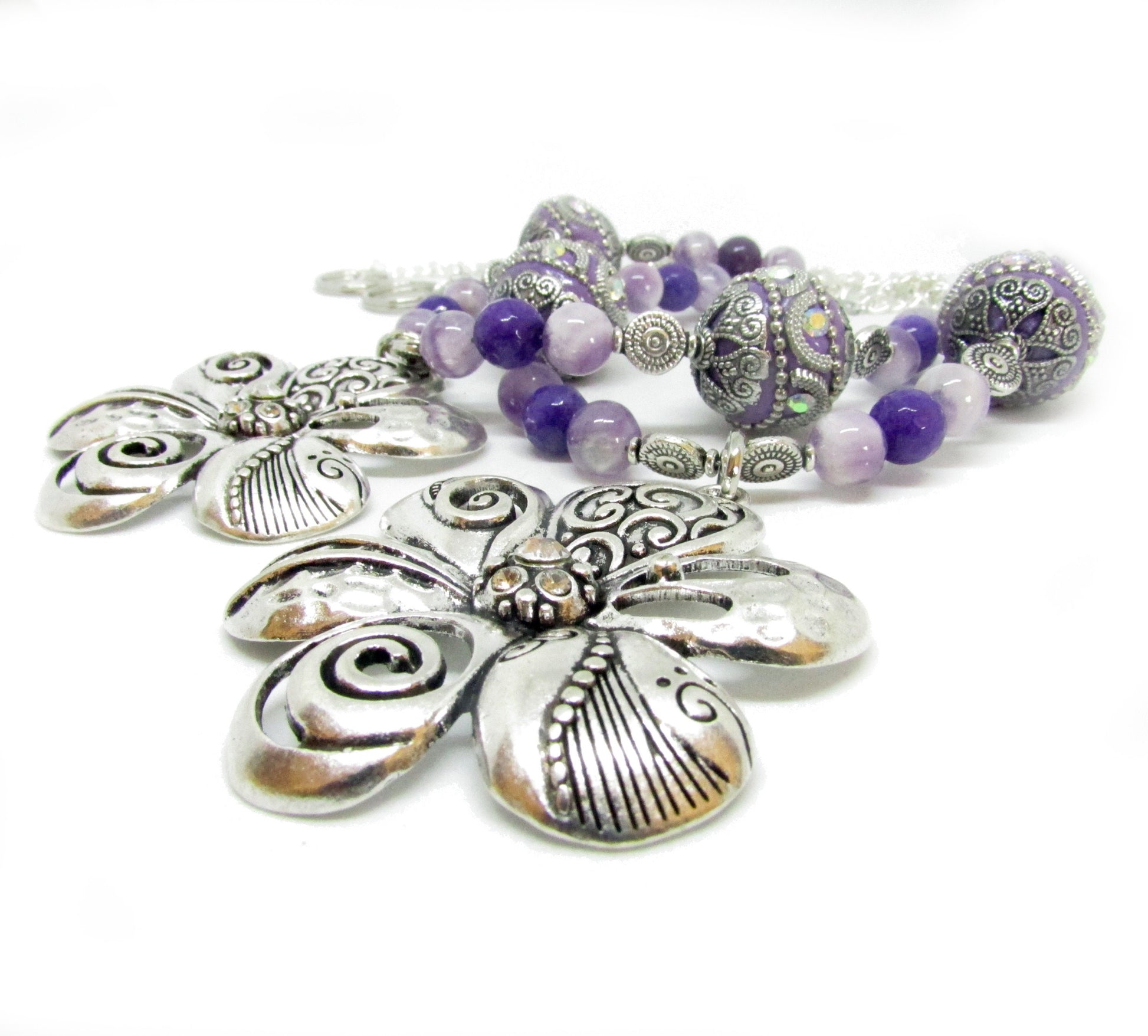 Shabby chic purple beaded curtain tieback set of 2 with silver flower focal and chain, girls room boho window decor