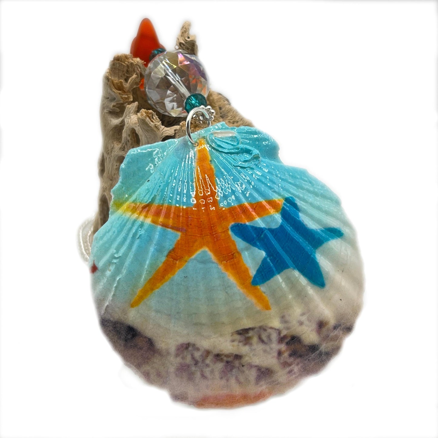 Painted Seashell Sun Catcher – Starfish Design with Sea Glass, Rear View Mirror or Window Decor