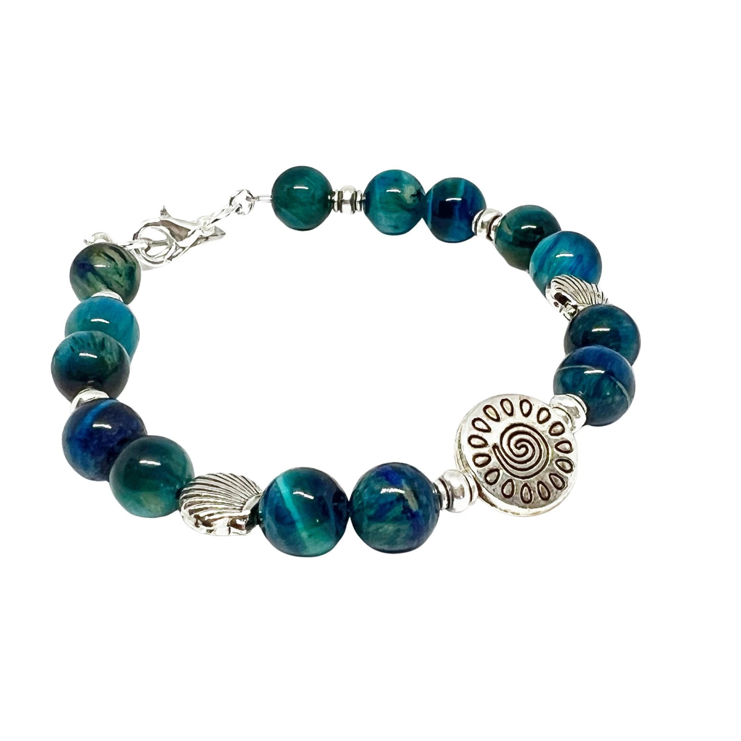 Blue Tiger Eye & Shell Bracelet – Gemstone Coastal Jewelry, Courage & Clarity Gift for Her