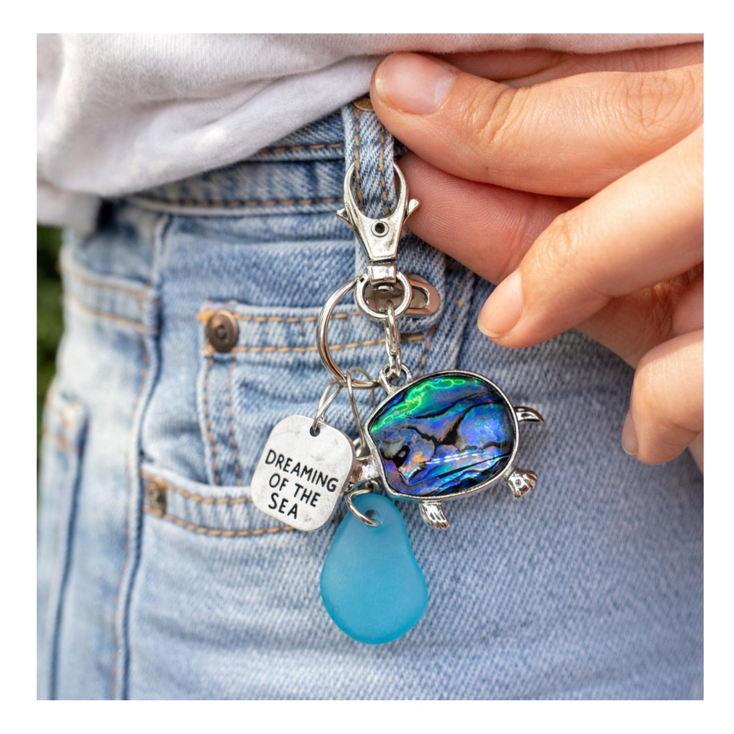 Handmade abalone shell sea turtle keychain with aqua sea glass nuggets and beach quote charm