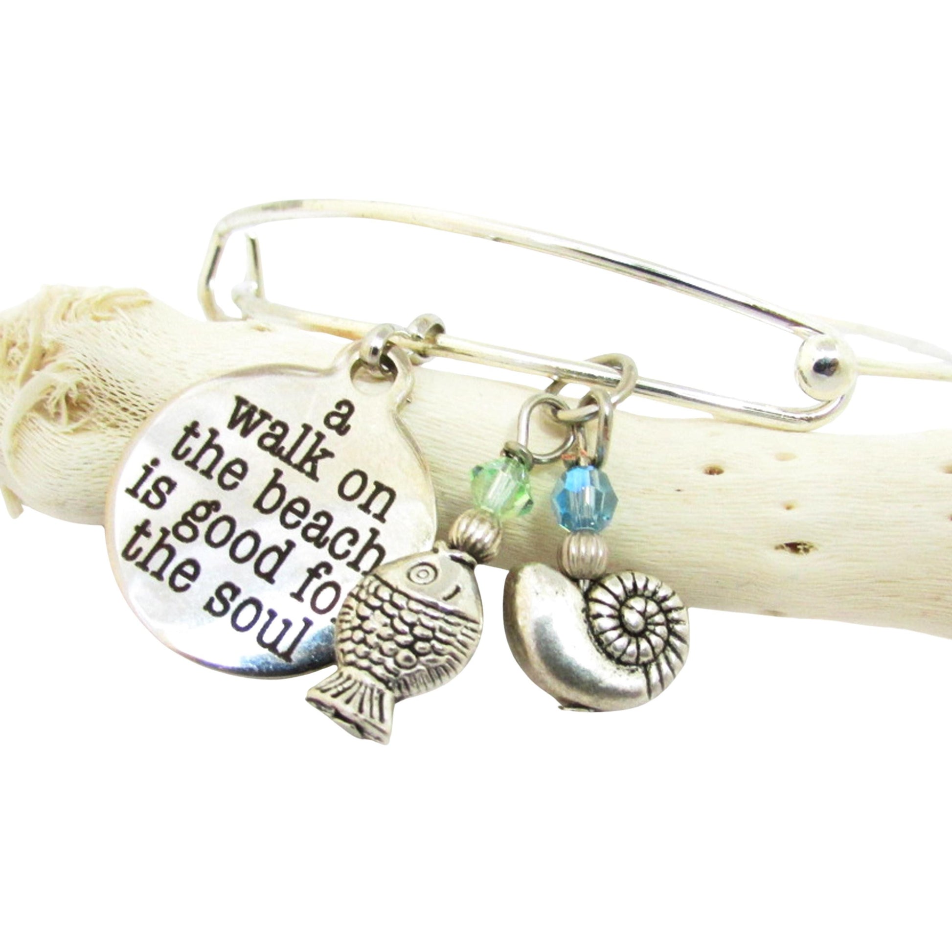 Adjustable coastal bangle bracelet with sea green and blue crystal fish and snail charms, beach lover gift for her