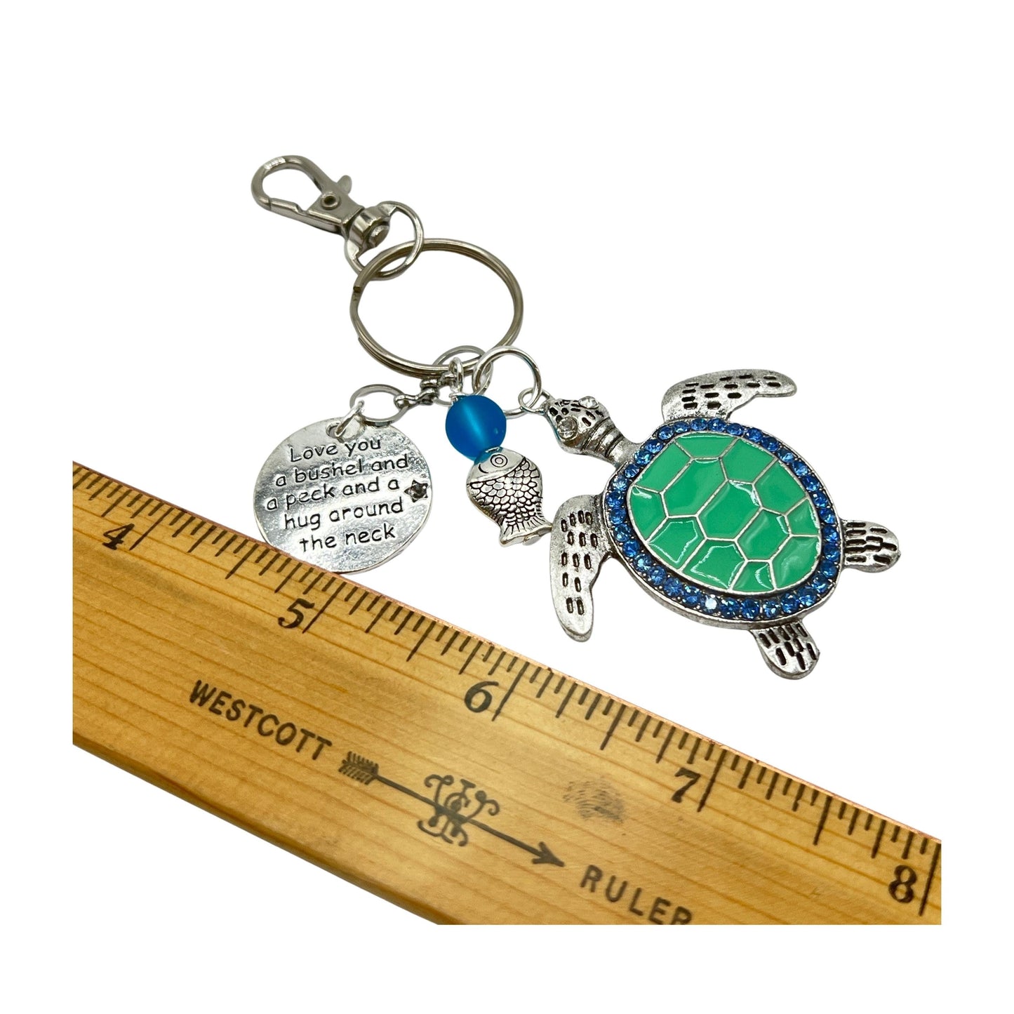 Sea Turtle Keychain with Love Quote Charm – Enamel Ocean Purse Charm & Nautical Keyring Gift