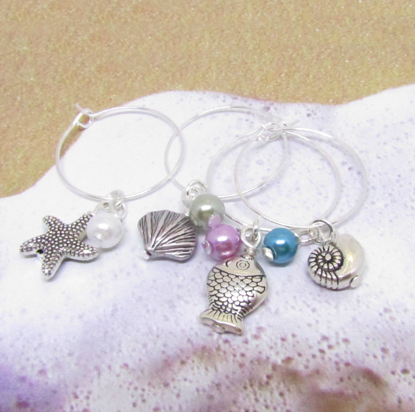Beach Wine Glass Charms – Shell, Fish & Starfish with Pearl Beads, Coastal Hostess Gift Set of 4