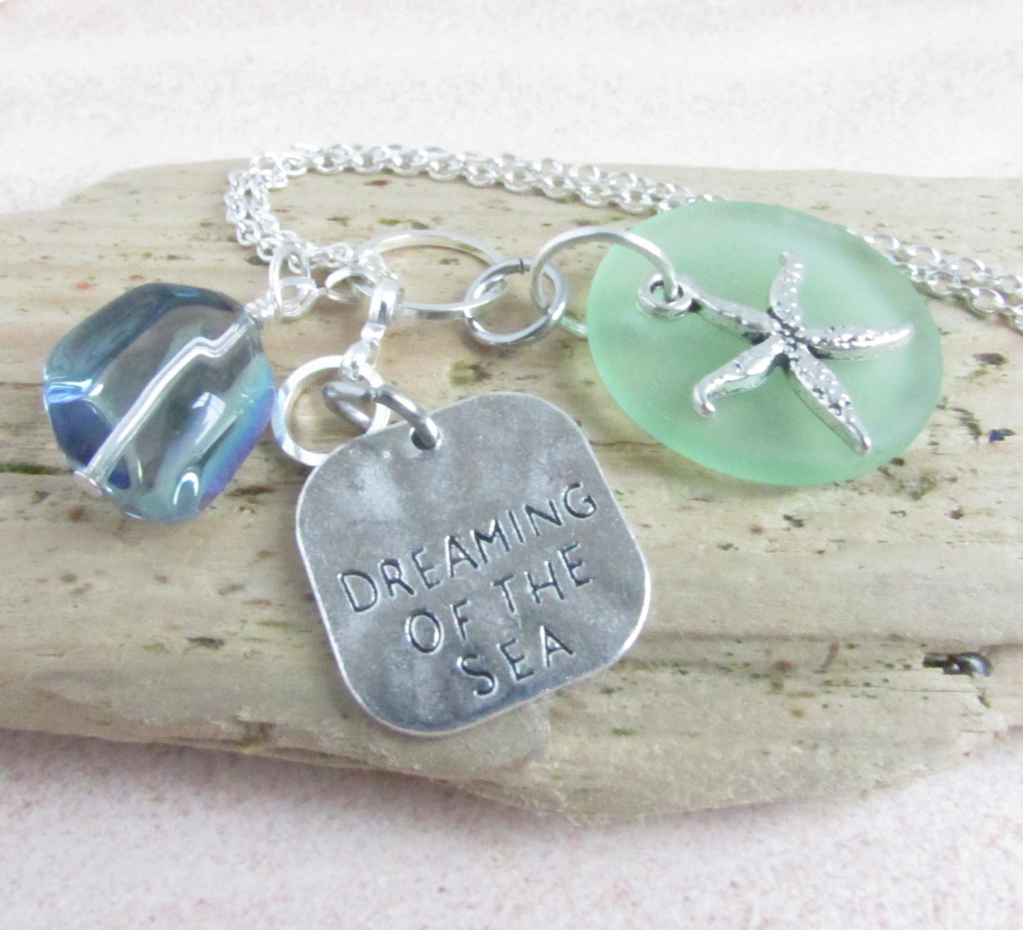 Starfish Car Charm – Sea Glass Rear View Mirror Ornament with Beach Quote
