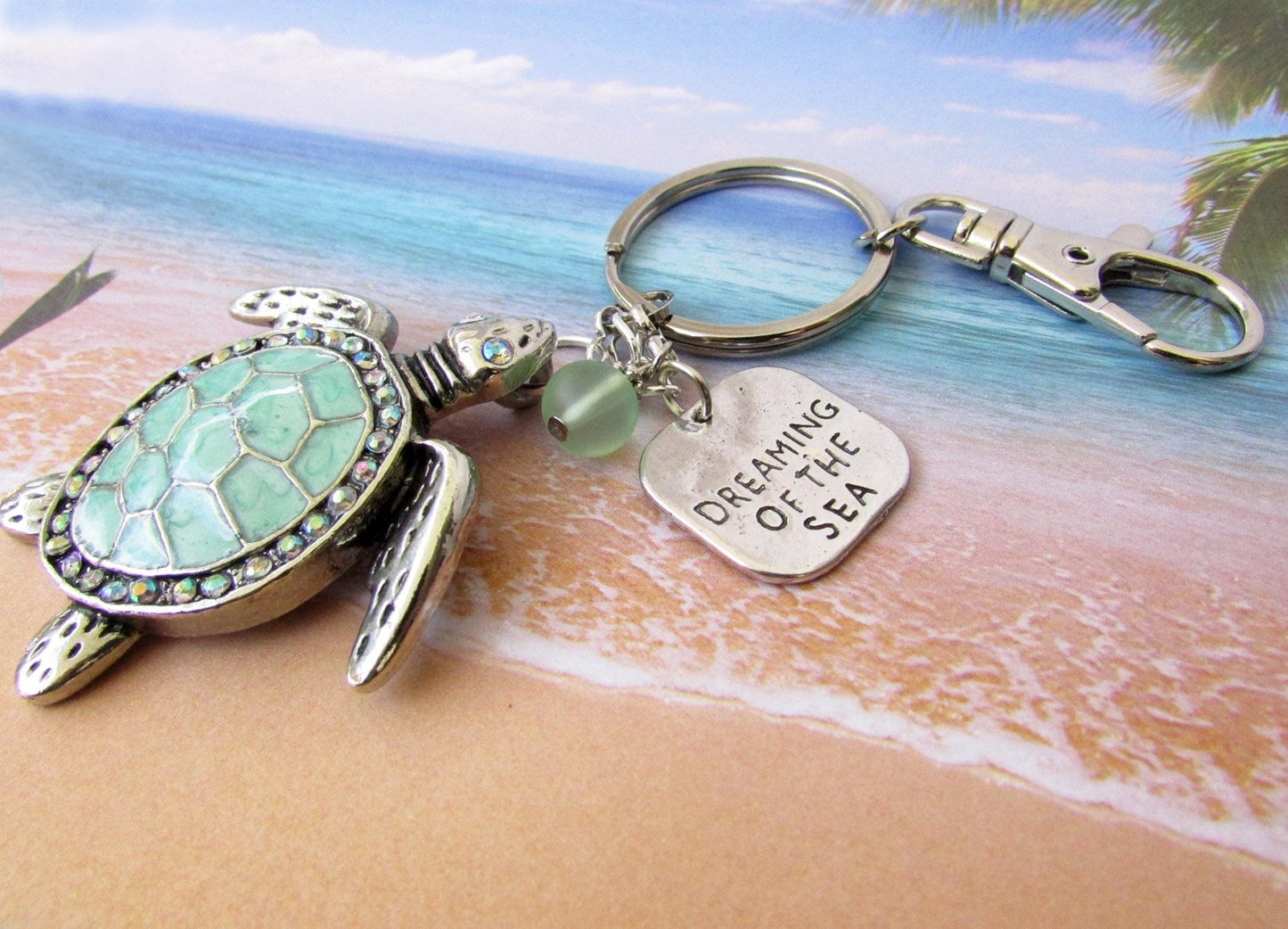 Sea Turtle Keychain – Rhinestone Turtle Charm, Beach Quote Purse Charm Gift