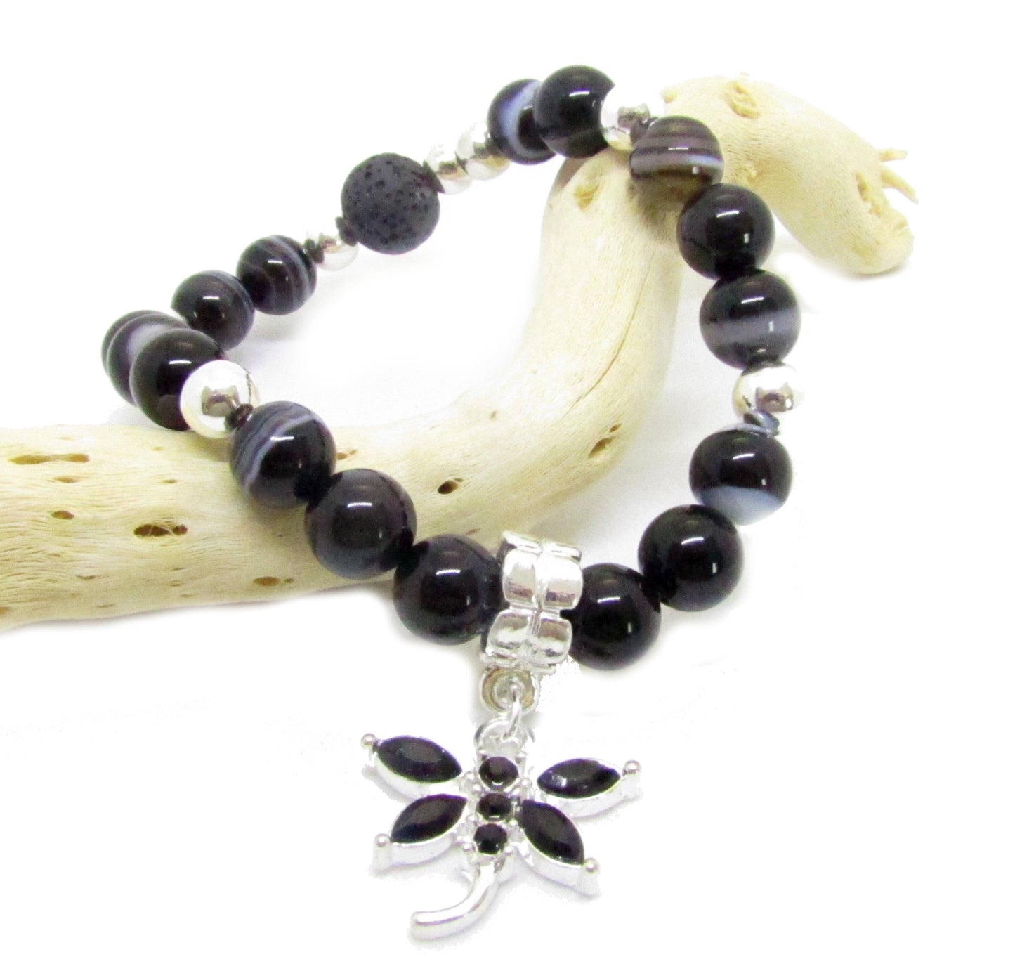 Dragonfly Charm Bracelet – Botswana Agate & Lava Stone Aromatherapy, Handmade Boho Jewelry