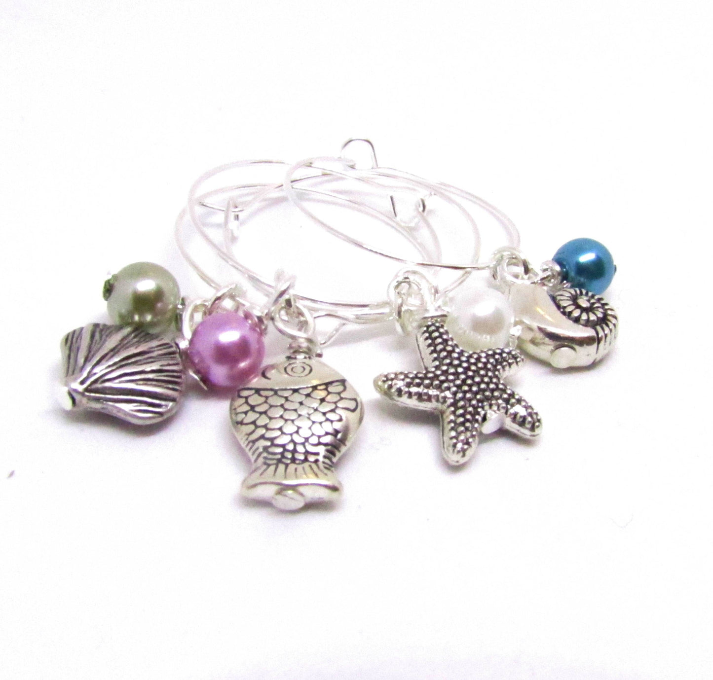 Beach Wine Glass Charms – Shell, Fish & Starfish with Pearl Beads, Coastal Hostess Gift Set of 4