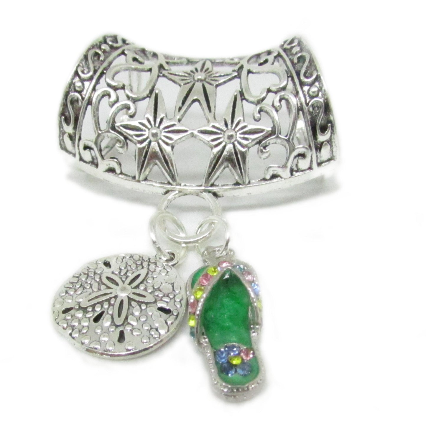Sand Dollar & Flip Flop Scarf Slide – Rhinestone Beach Scarf Jewelry, Coastal Accessory Gift