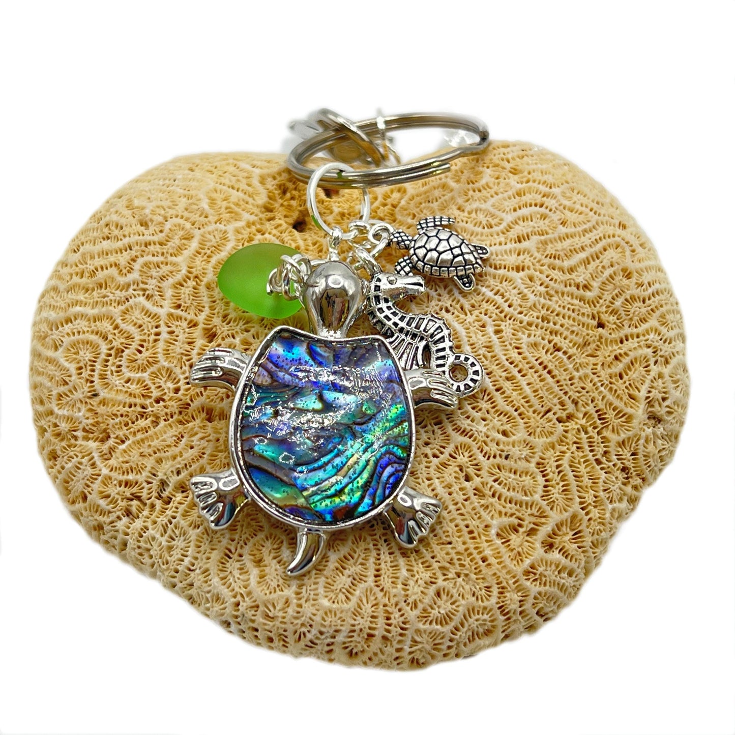 Sea Turtle Eyeglass Lanyard – Sea Glass & Abalone Shell Coastal Necklace Holder, Gift for Her