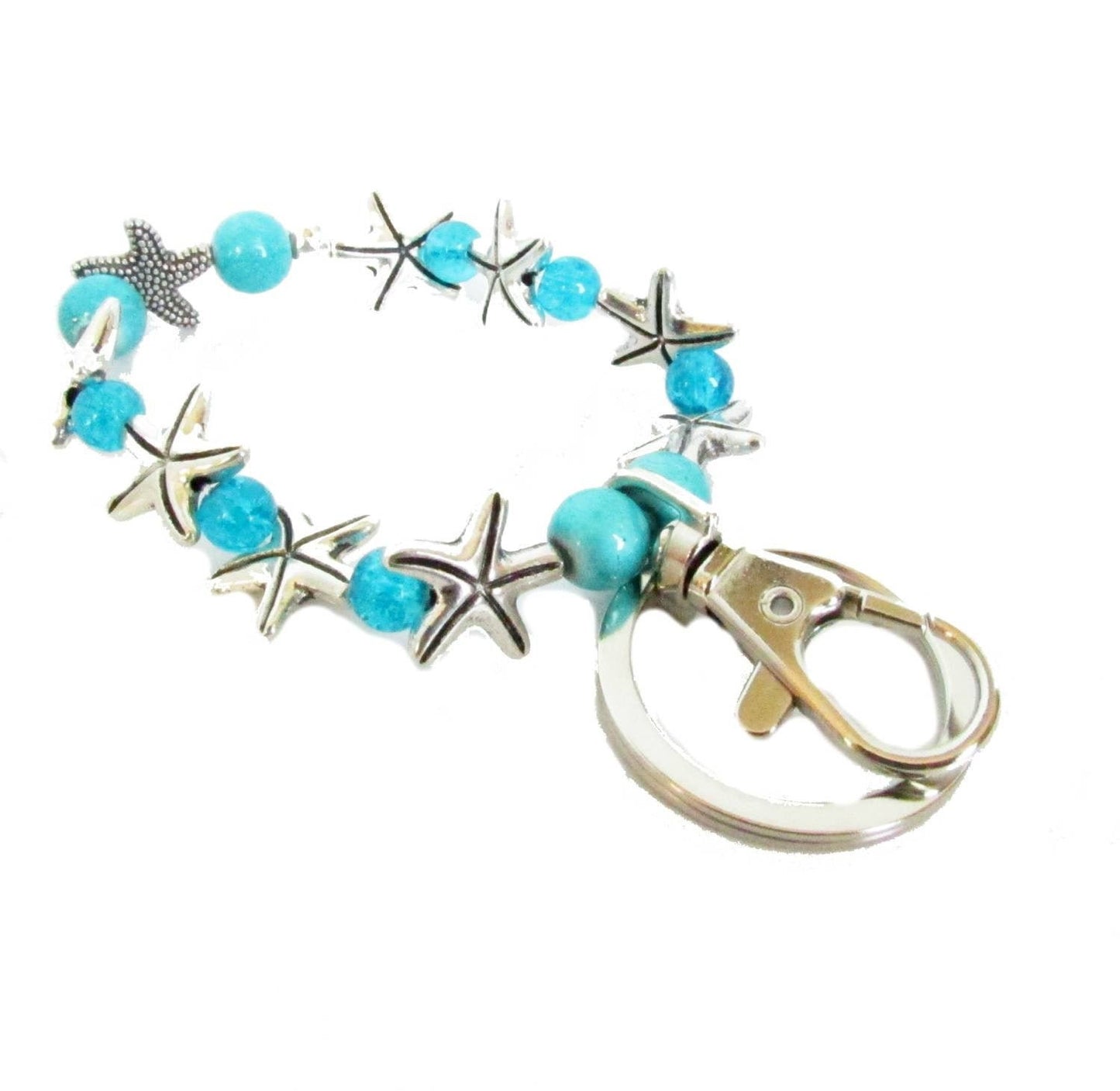 Handmade starfish beaded wristlet keychain with sea sparkle beads and starfish accents, coastal key fob