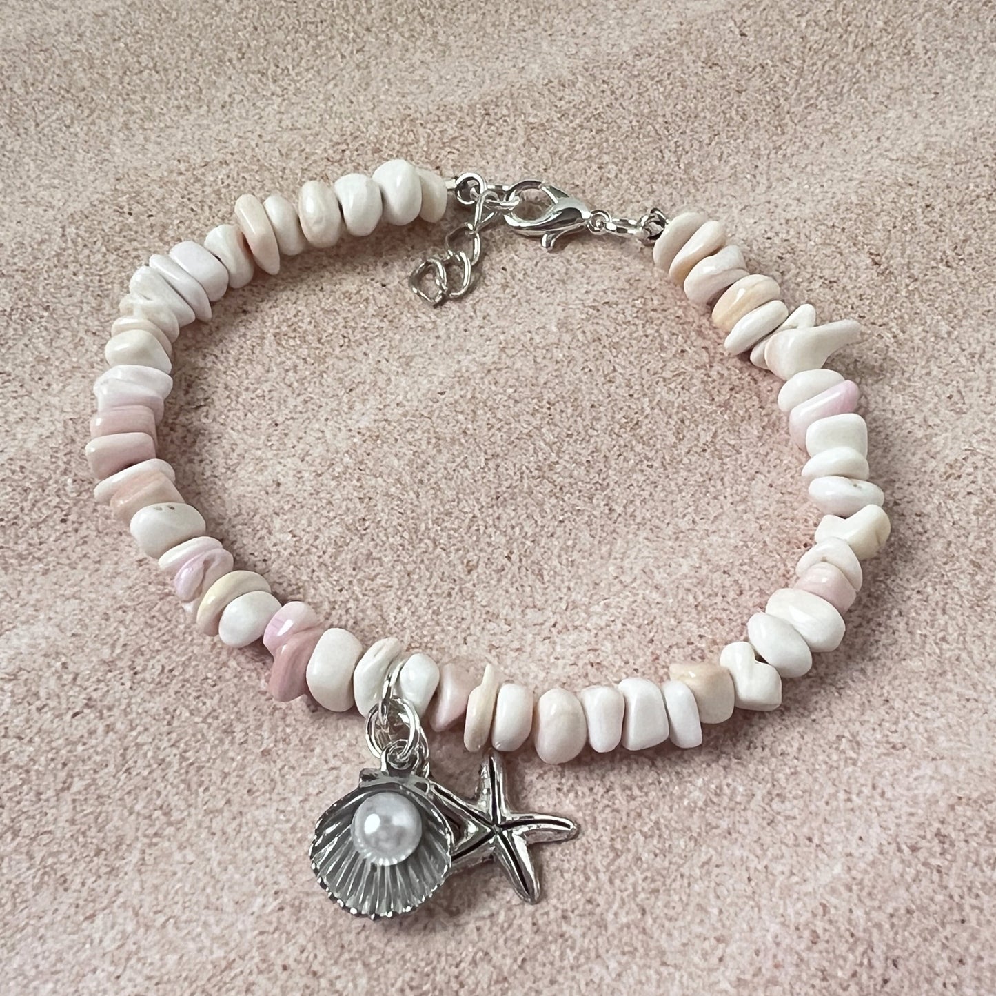 Pink Shell Bracelet – Starfish Charm & Pearl Beads, Natural Coastal Beach Jewelry for Her