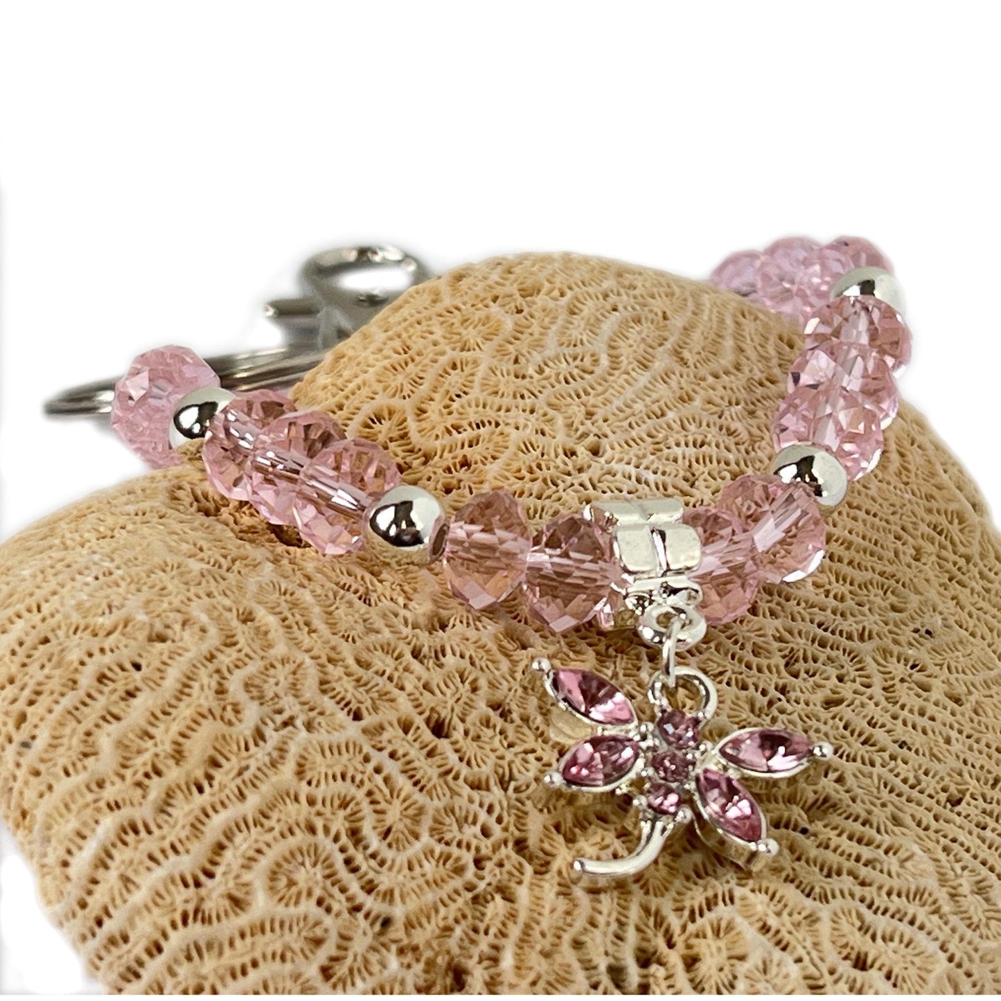 Pink Crystal Dragonfly Keychain Bracelet – Wrist Lanyard, Handmade Gift for Her