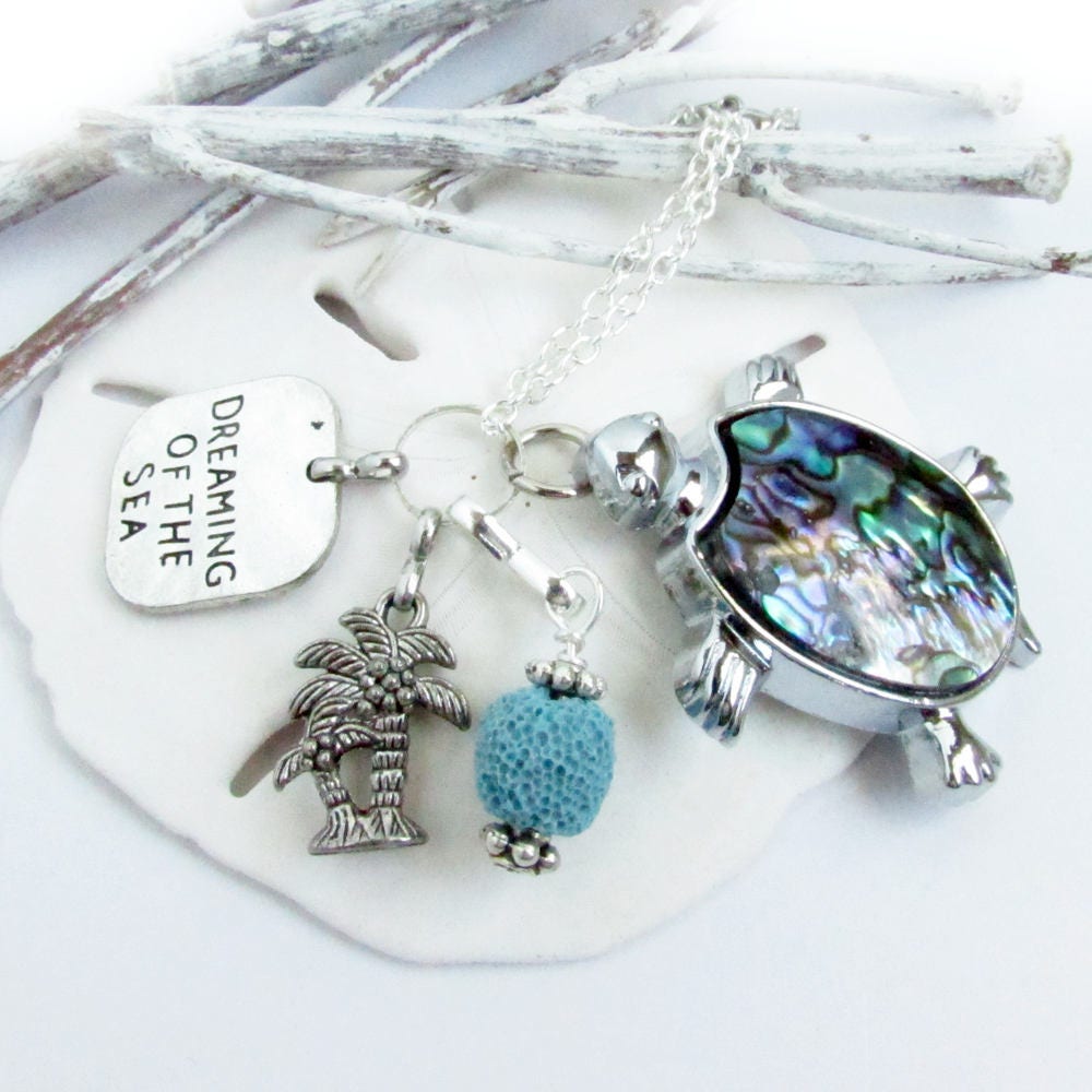 Sea Turtle Car Charm – Abalone Shell Rear View Mirror Diffuser with Lava Bead, Coastal Gift