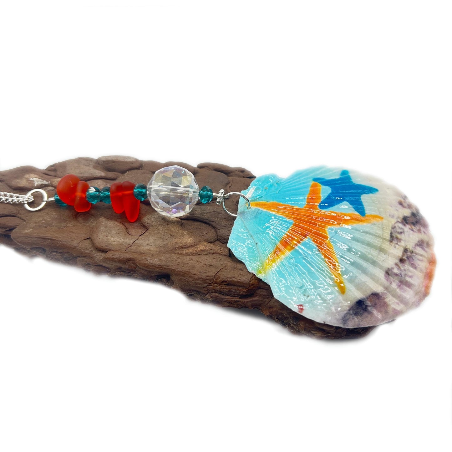 Painted Seashell Sun Catcher – Starfish Design with Sea Glass, Rear View Mirror or Window Decor