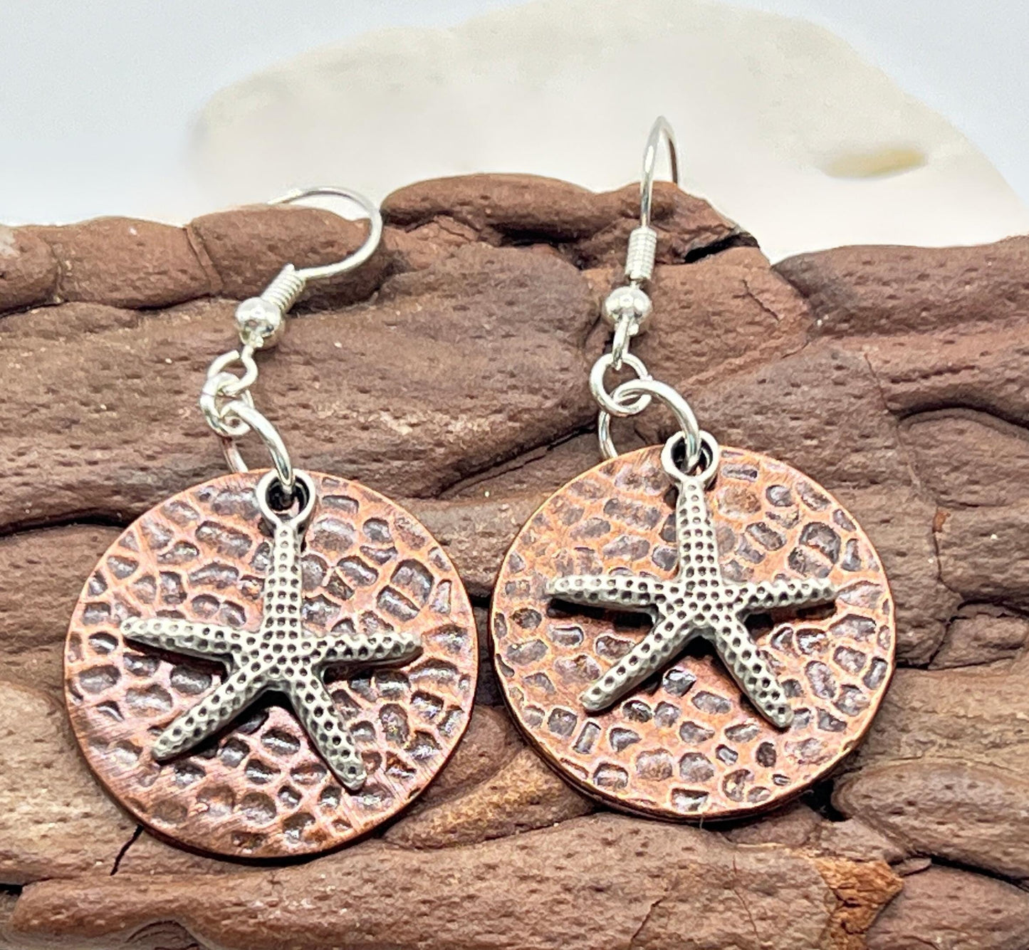 Starfish Hammered Copper Dangle Earrings – Rustic Boho Beach Jewelry Gift