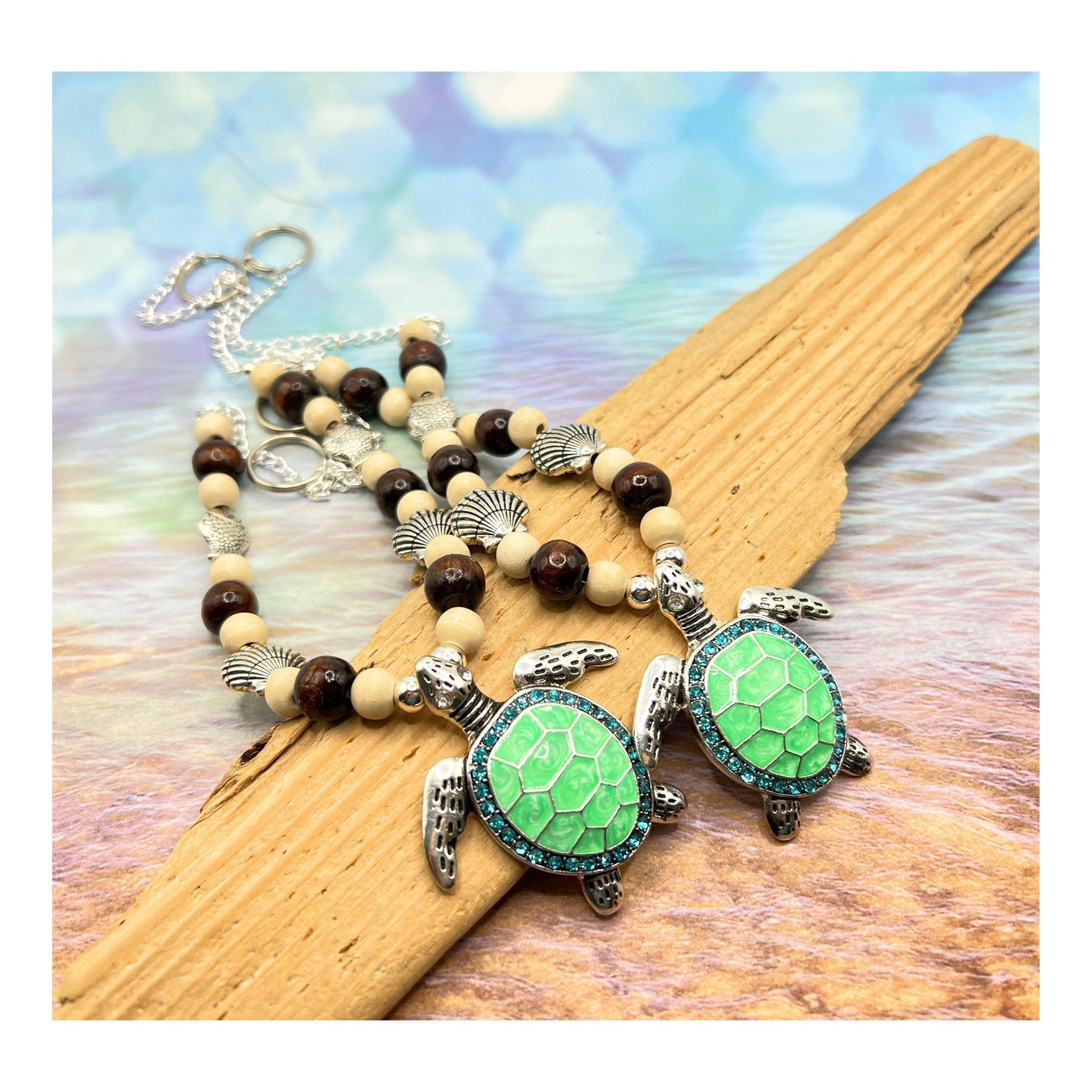 Sea Turtle Curtain Tiebacks – Wood Bead & Shell Coastal Beach Home Decor, Handmade Set of 2