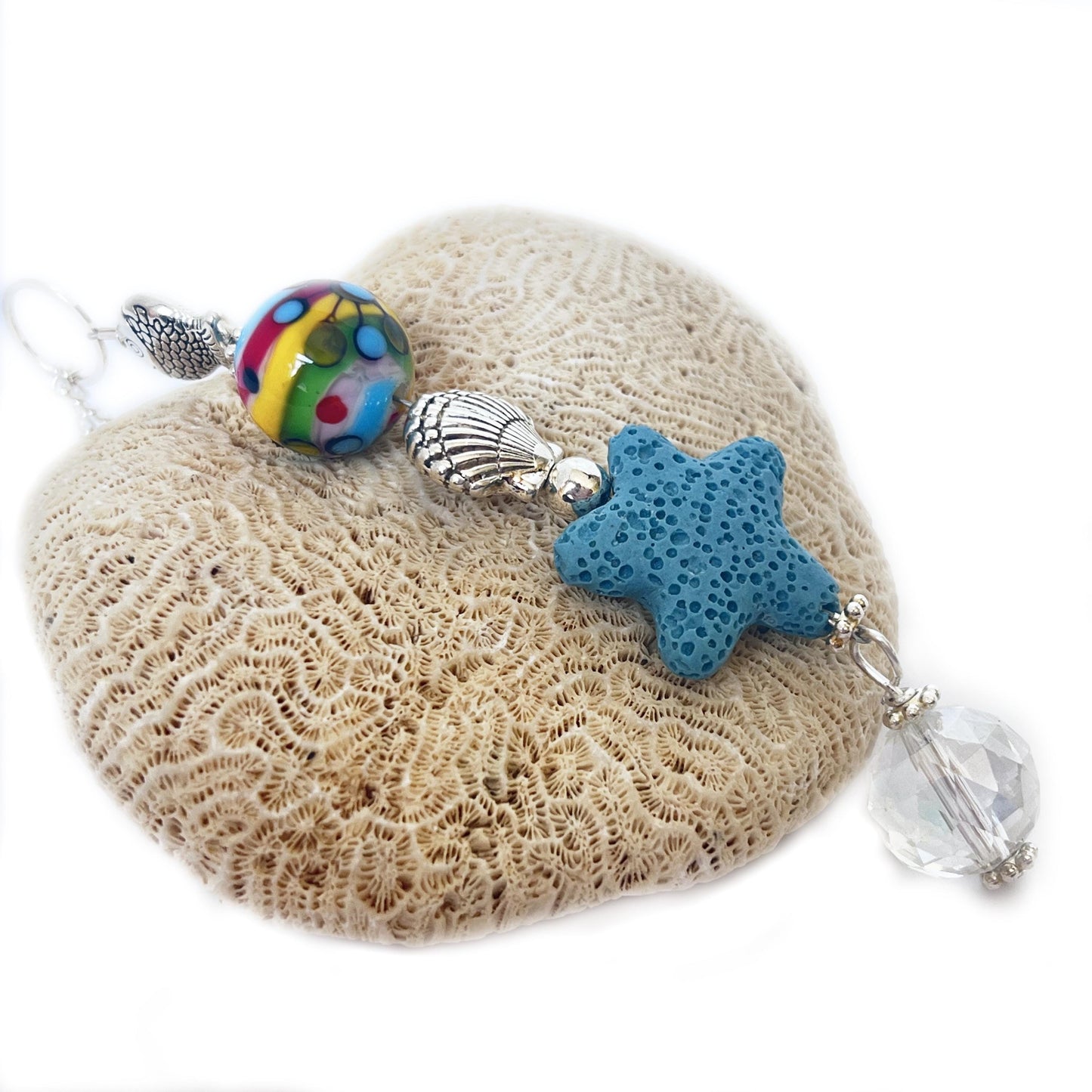 Starfish Car Charm – Beachy Rear View Mirror Diffuser with Lava Bead & Fish Charms