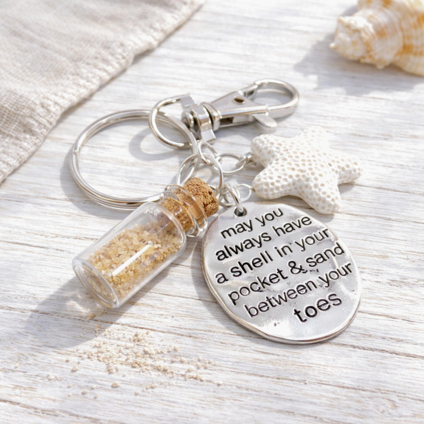 Beach Bottle Keychain – Sand Vial, Starfish Charm & Inspirational Quote, Coastal Ocean Gift