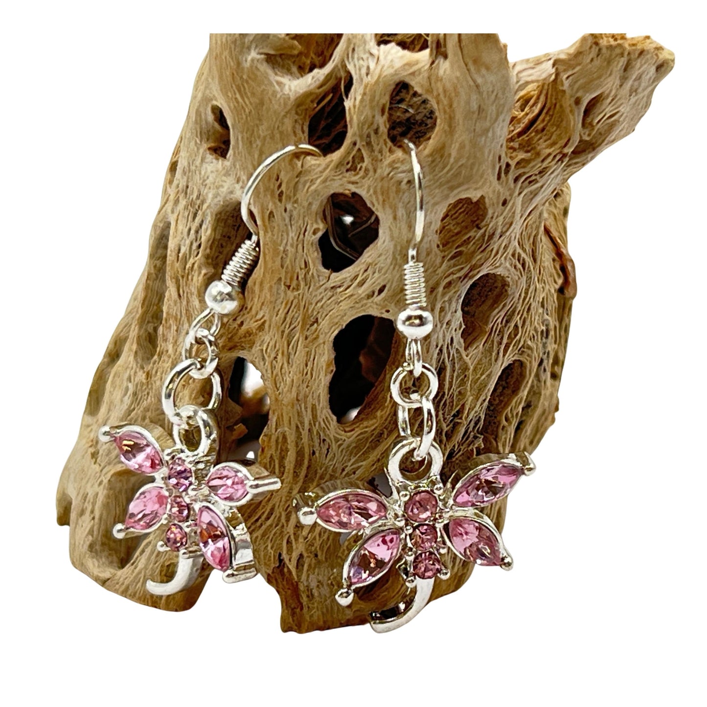 Dragonfly Earrings – Pink or Purple Crystal Rhinestone Dangle, Whimsical Handmade Gift for Her