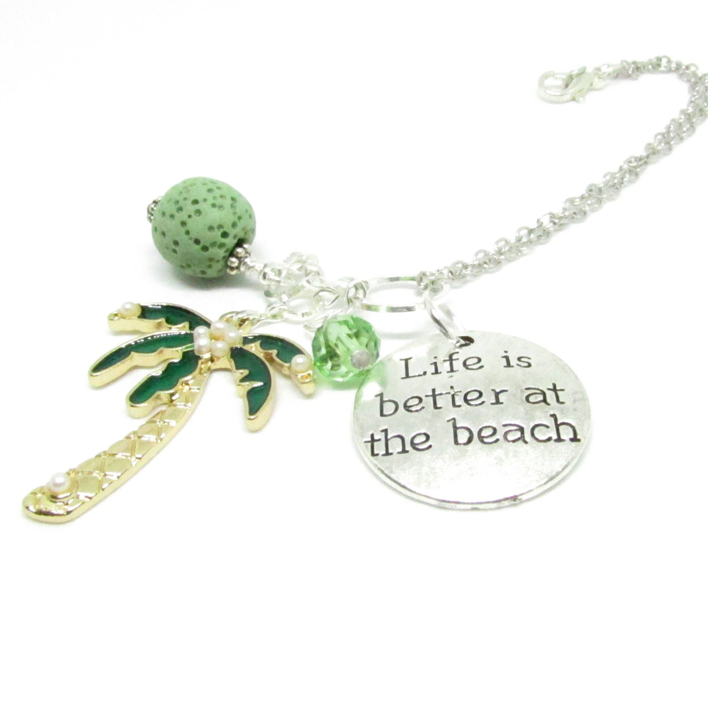 Palm Tree Car Charm – Rhinestone Pendant & Green Lava Bead Diffuser, Tropical Beach Gift