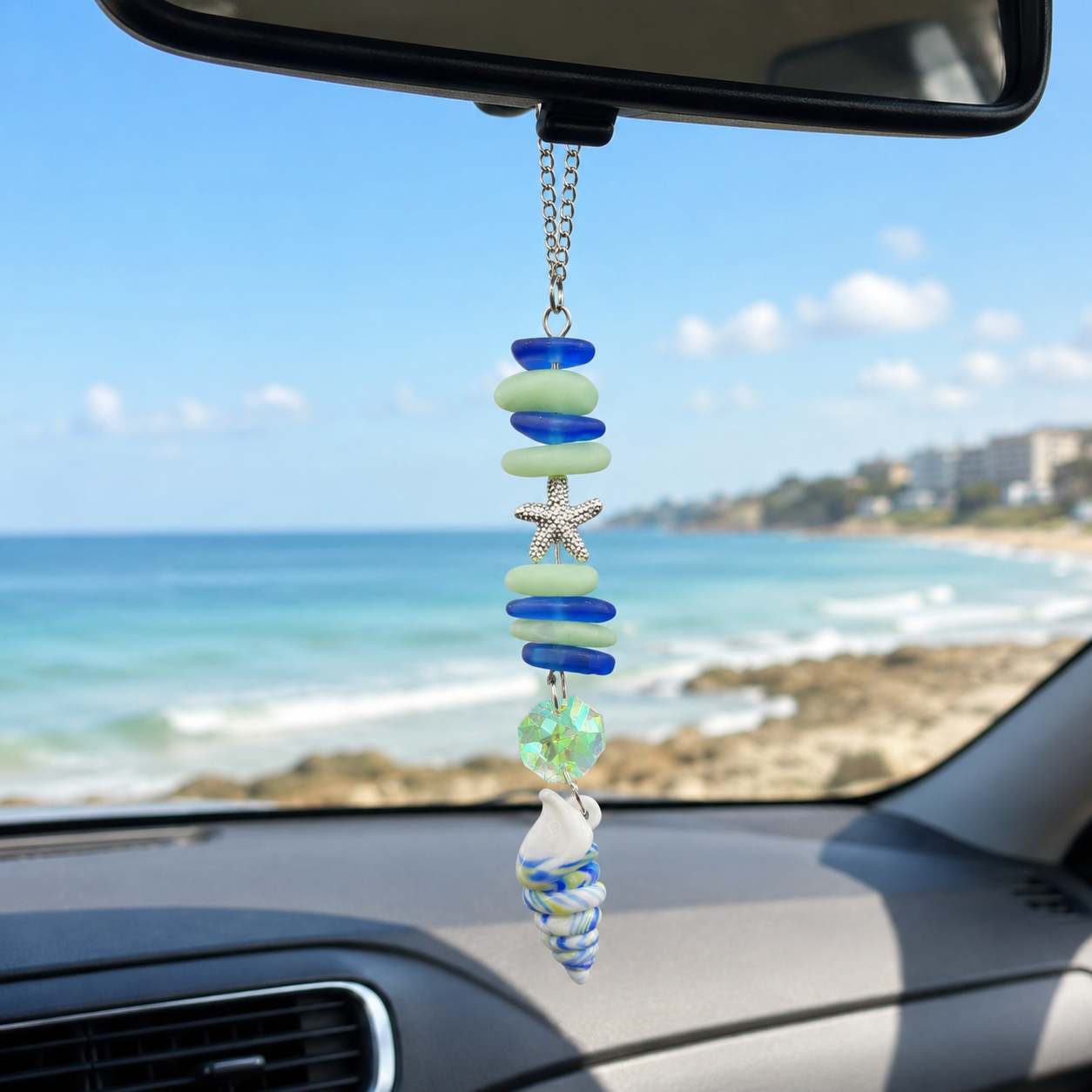 Beach Car Charm | Rear View Mirror Ocean Charm | Sea Glass Suncatcher | Coastal Gift for Her
