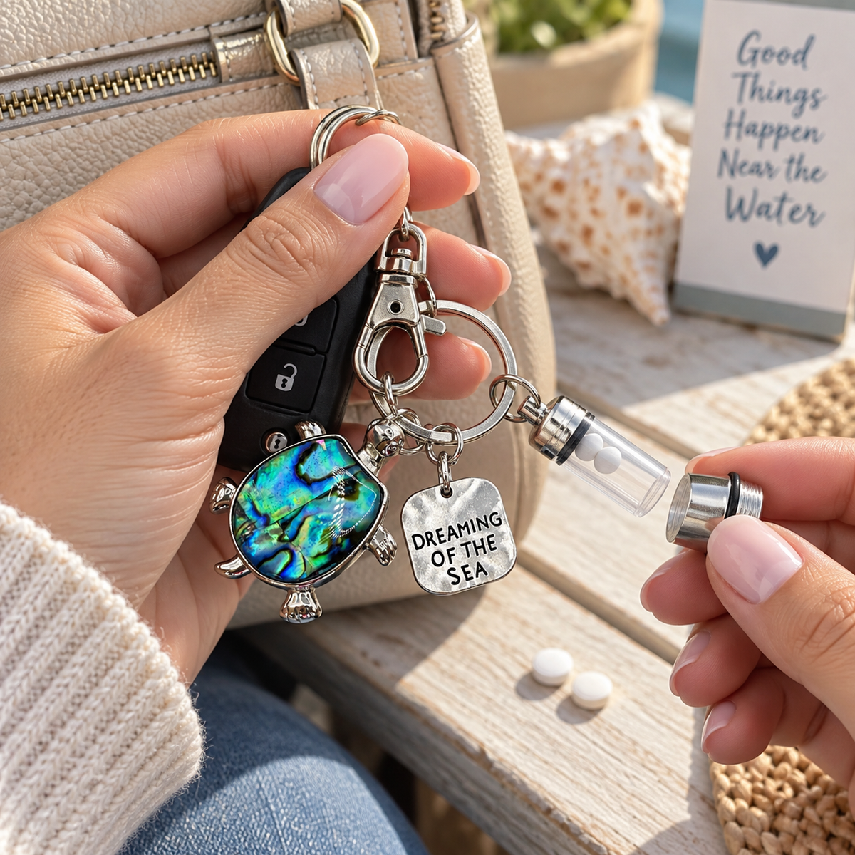 Sea Turtle Abalone Keychain: Nautical Pill Case