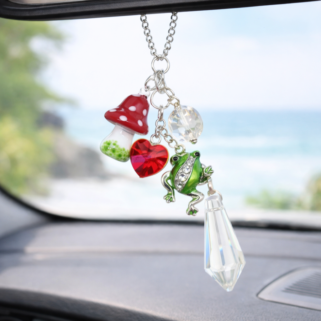 Frog Car Charm – Glass Mushroom Prism Rear View Mirror Sun Catcher, Cottagecore Handmade Gift