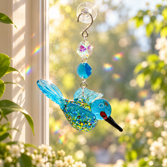 Glass Hummingbird Sun Catcher - Crystal Beaded Window Decor