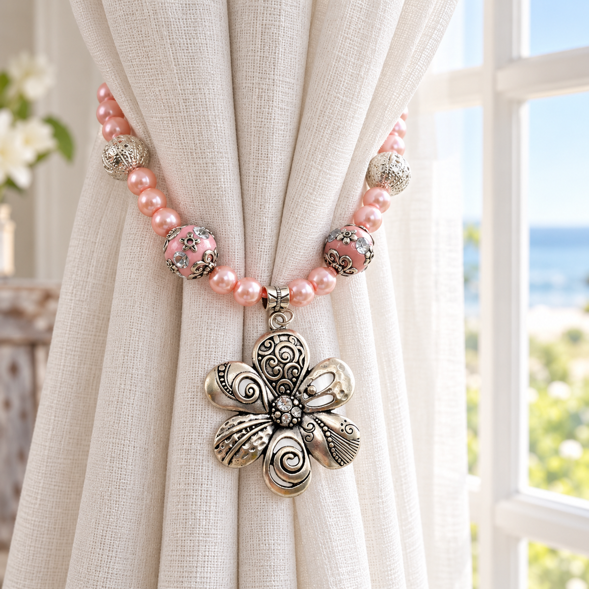 Pink Crystal Flower Curtain Tiebacks - Shabby Chic Drapery