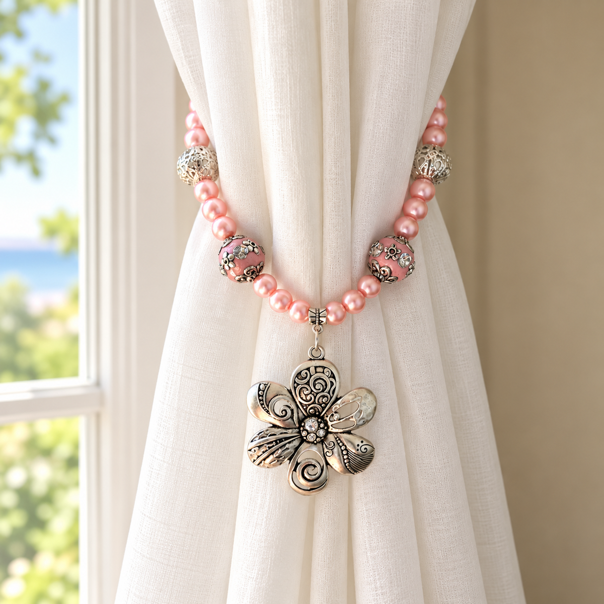 Pink Crystal Flower Curtain Tiebacks - Shabby Chic Drapery