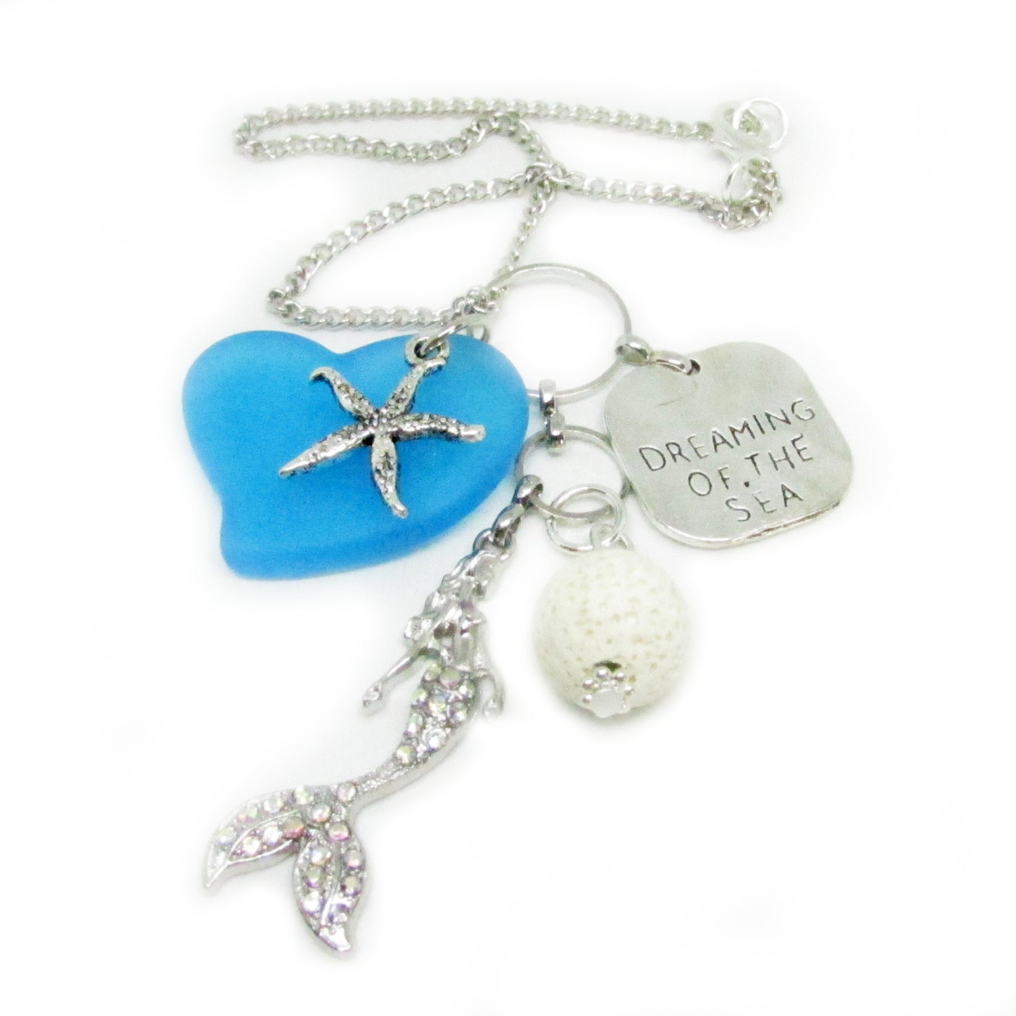 Mermaid Car Charm – Sea Glass Heart & Lava Bead Rear View Mirror Diffuser, Coastal Beach Gift