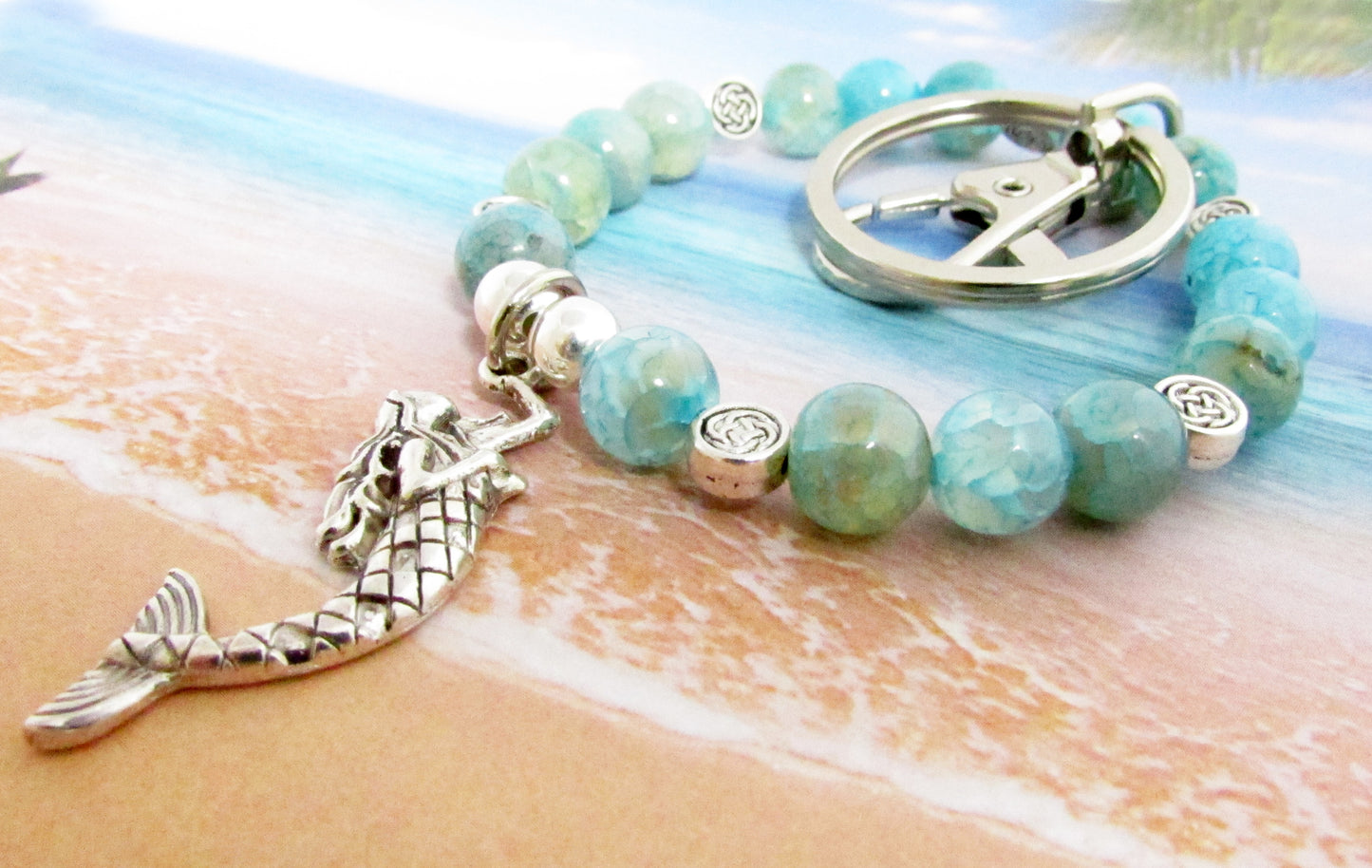 Mermaid Keychain Bracelet – Aqua Bead Elastic Wristlet, Stylish Coastal Hands-Free Keyring