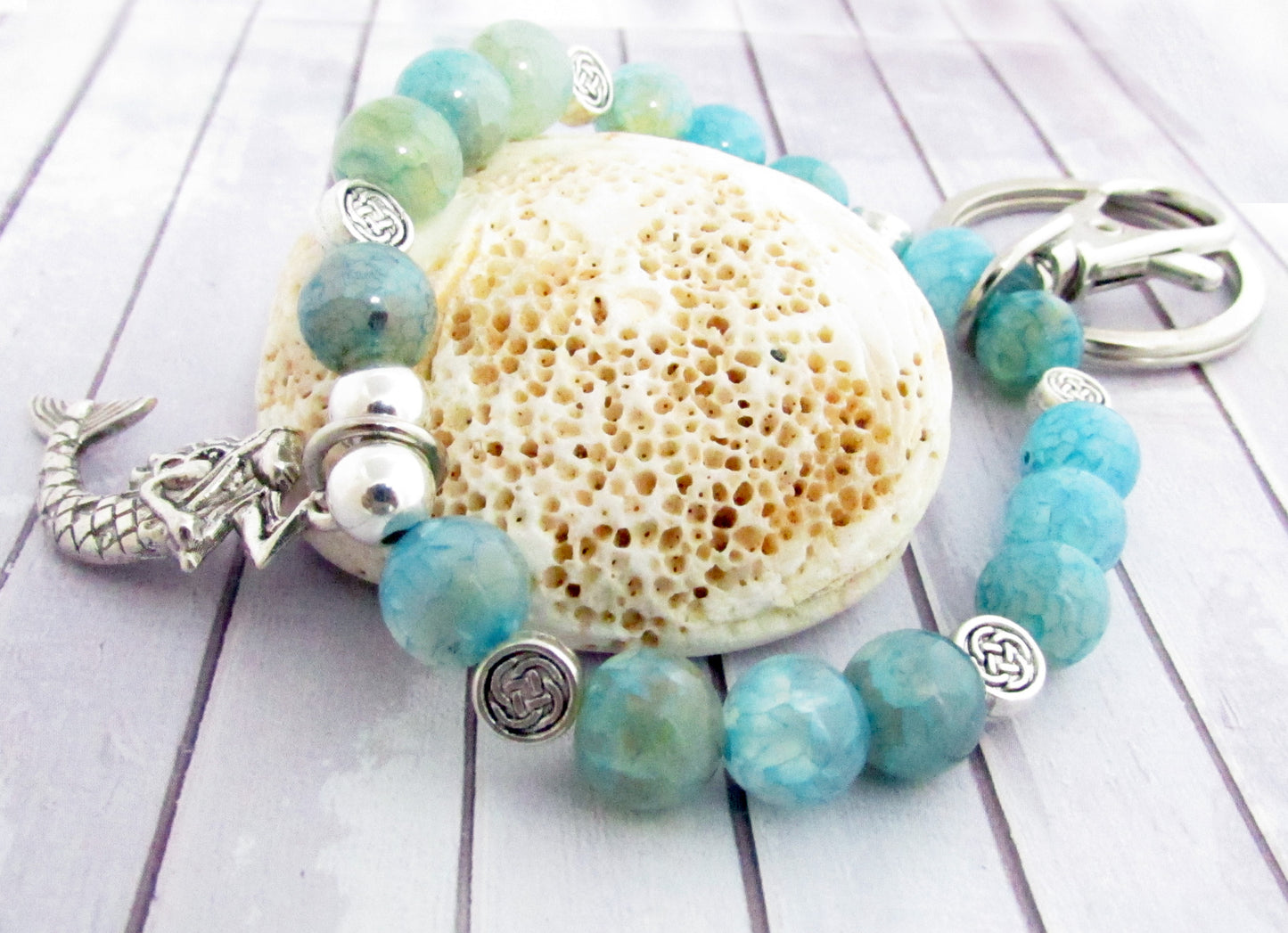 Mermaid Keychain Bracelet – Aqua Bead Elastic Wristlet, Stylish Coastal Hands-Free Keyring