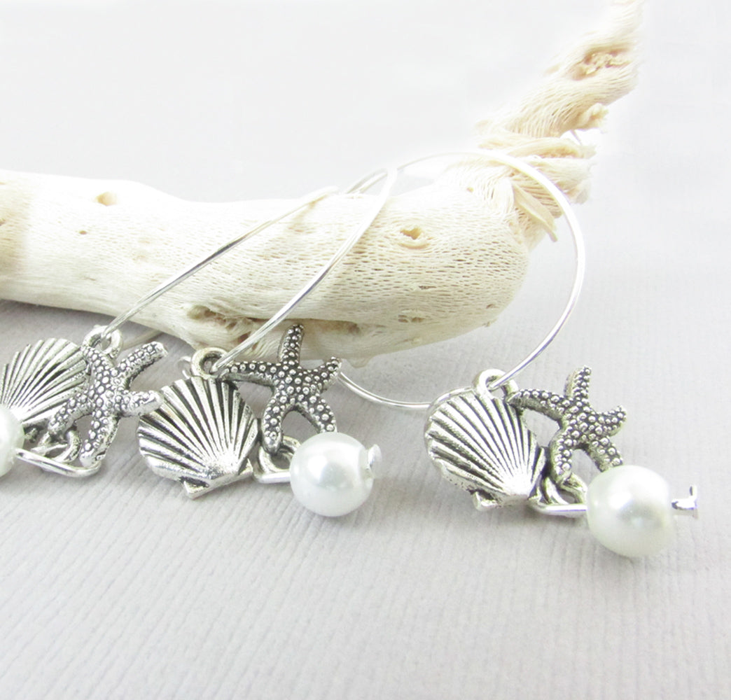 Shell Starfish Hoop Earrings – Pearl & Seashell Dangle, Beach Wedding Bridesmaid Jewelry
