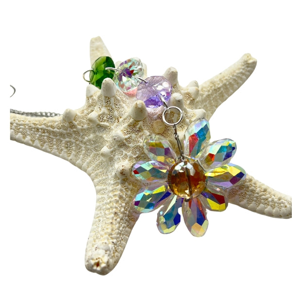 Crystal Flower Sun Catcher, Iridescent Glass Beads, Chain Hanging Decoration for Windows, Car Mirror Ornament