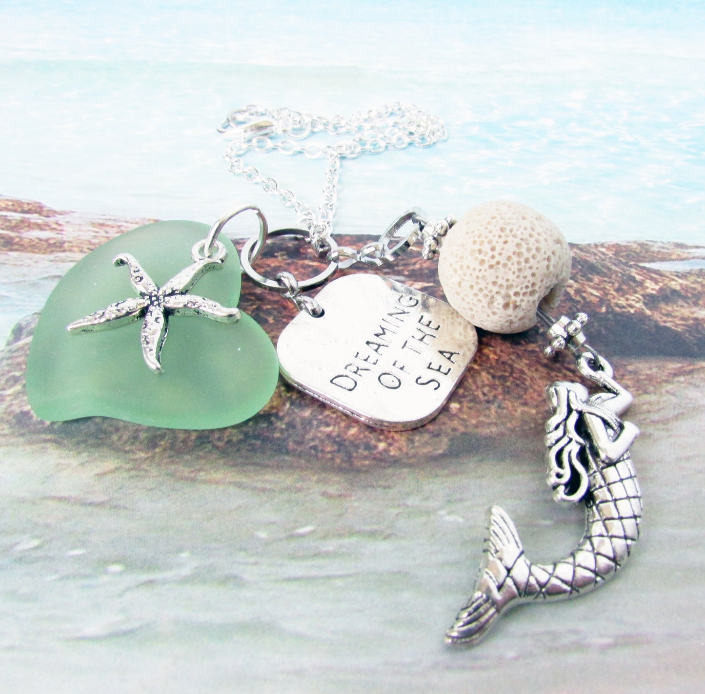 Mermaid Car Charm – Sea Glass Heart & Lava Bead Rear View Mirror Diffuser, Coastal Beach Gift