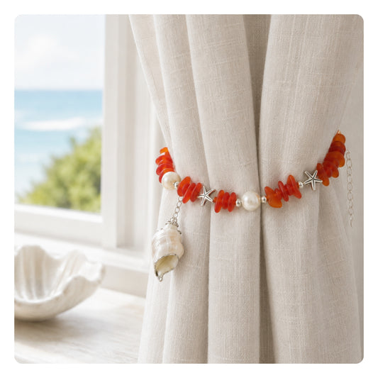 Seashell Curtain Tiebacks – Sea Glass Beads & Starfish, Handmade Coastal Beach Decor Set of 2