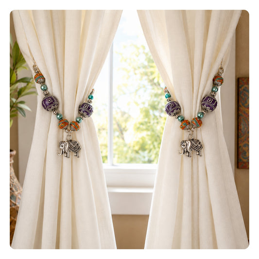 Elephant Curtain Tiebacks – Purple & Orange 3D Beaded Boho Drapery Holdbacks, Handmade Set of 2