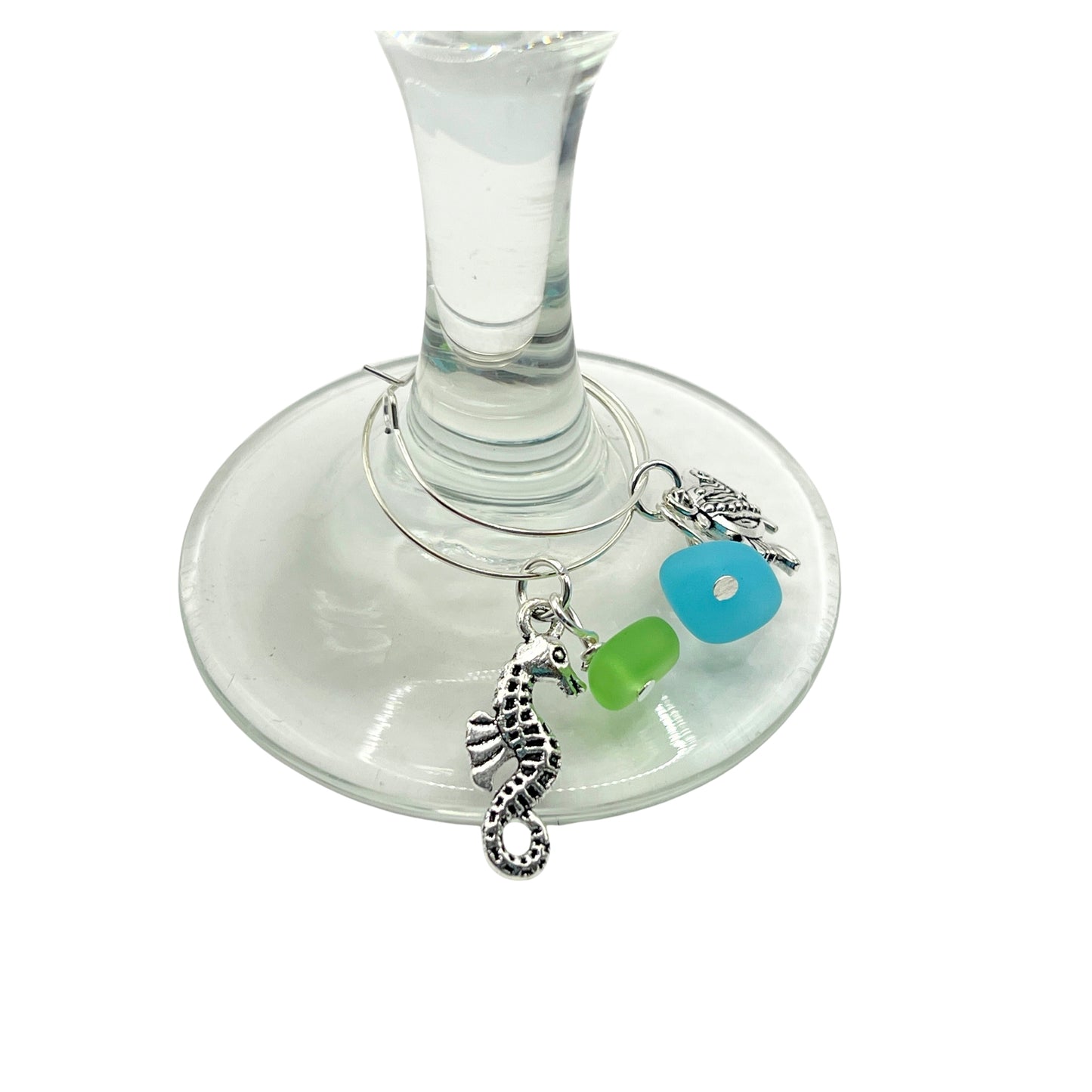 Sea Glass Wine Glass Charms – Nautical Beach Hostess Gift with Sea Turtle & Starfish, Set of 6