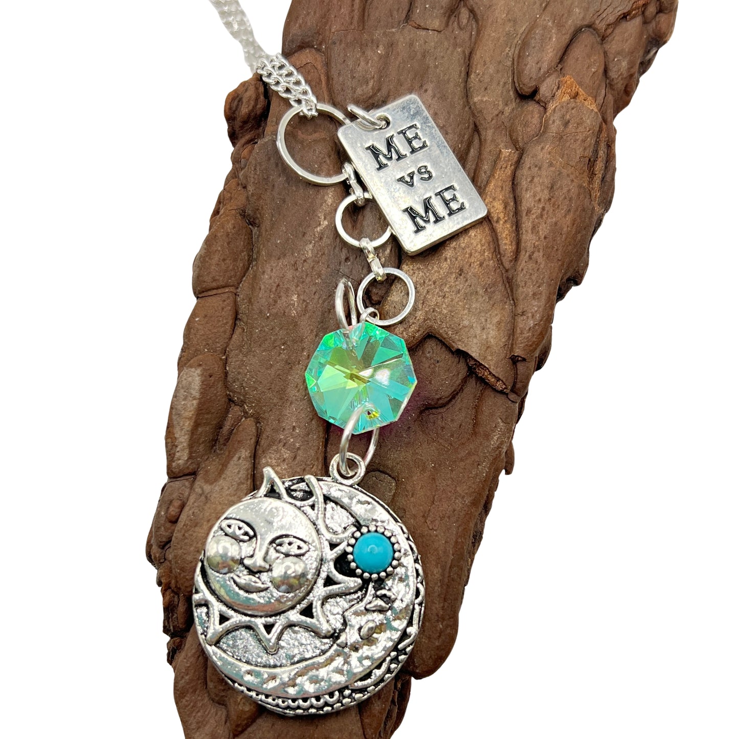 Celestial Car Charm – Sun Moon Rear View Mirror Charm with Crystal & Turquoise, Handmade Gift