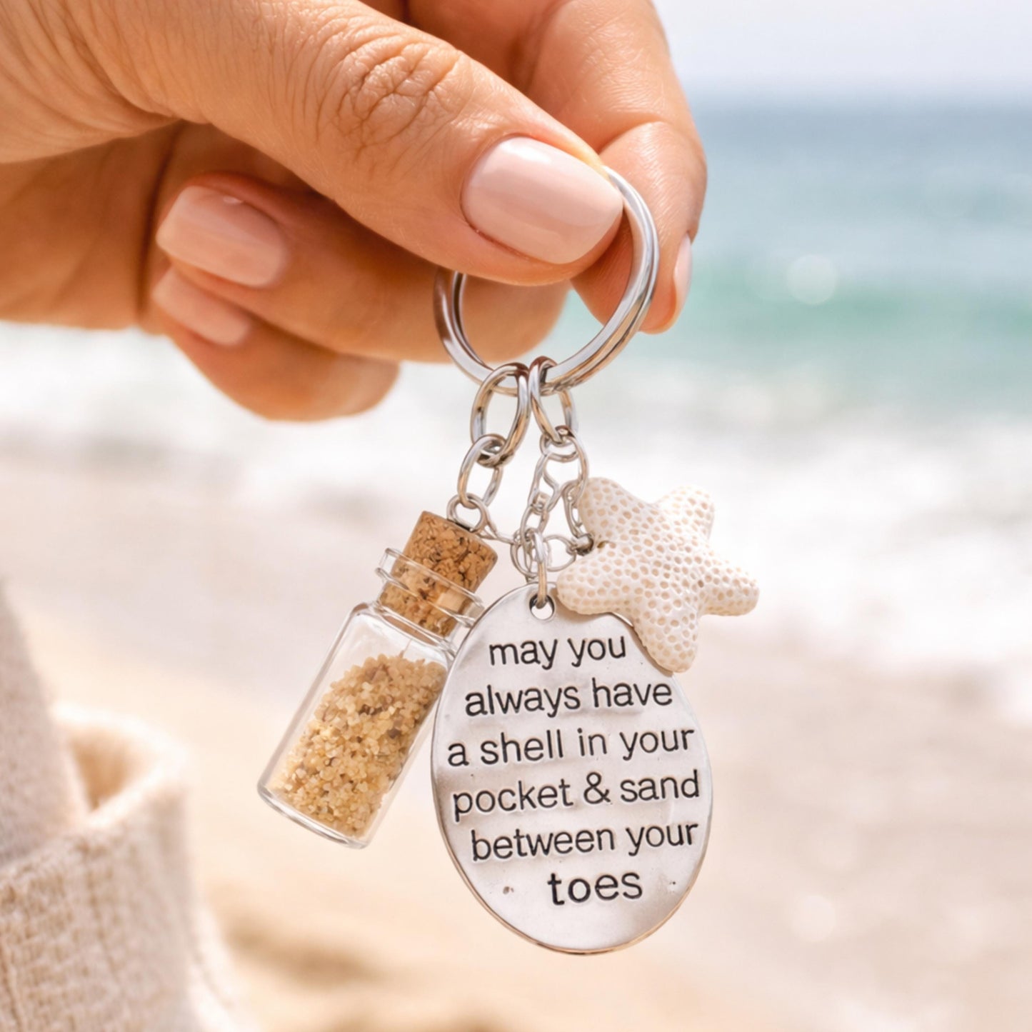 Beach Bottle Keychain – Sand Vial, Starfish Charm & Inspirational Quote, Coastal Ocean Gift