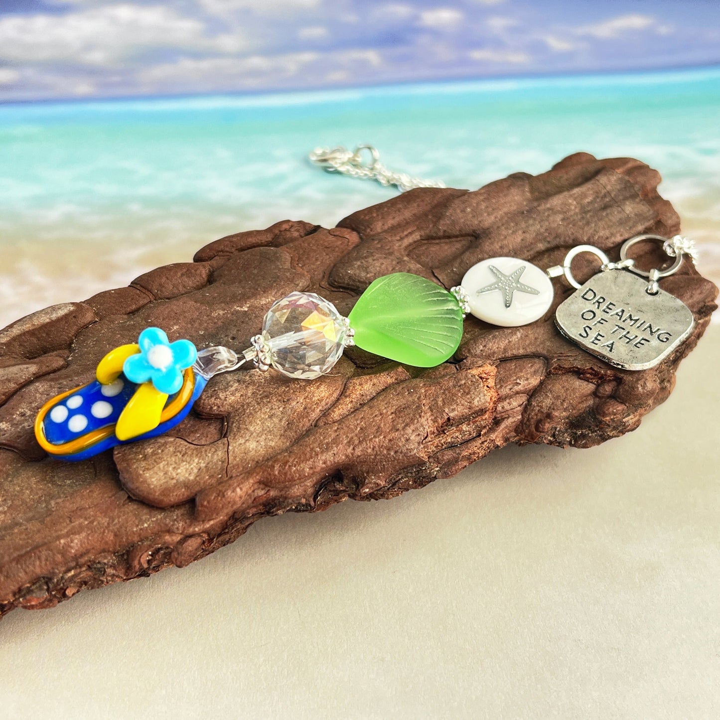 Sea Glass Car Charm – Flip Flop & Starfish Rear View Mirror Ornament with Beach Quote