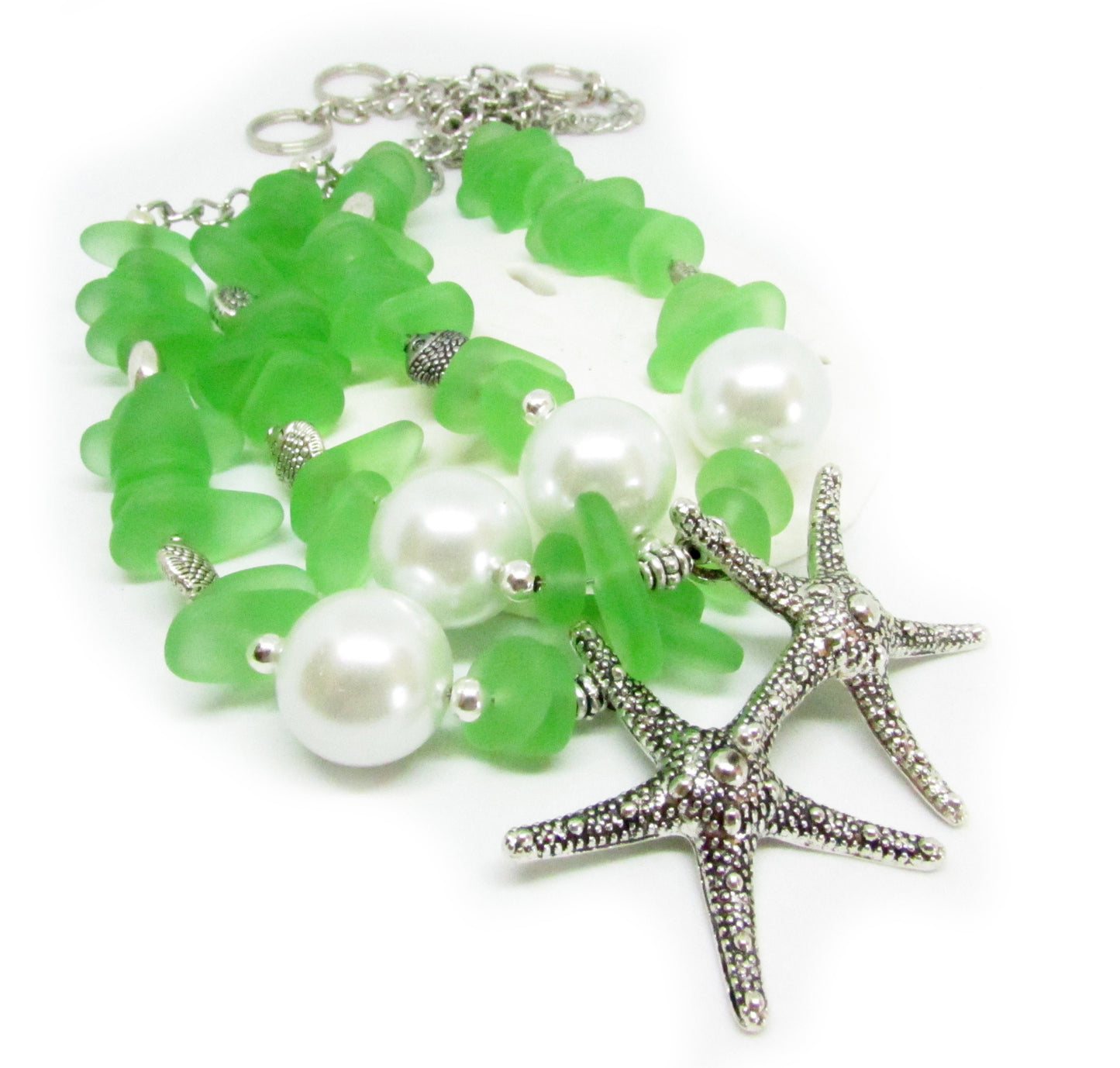 Coastal drapery holdbacks with starfish focal pendants and green sea glass beads, 18 inches, set of 2