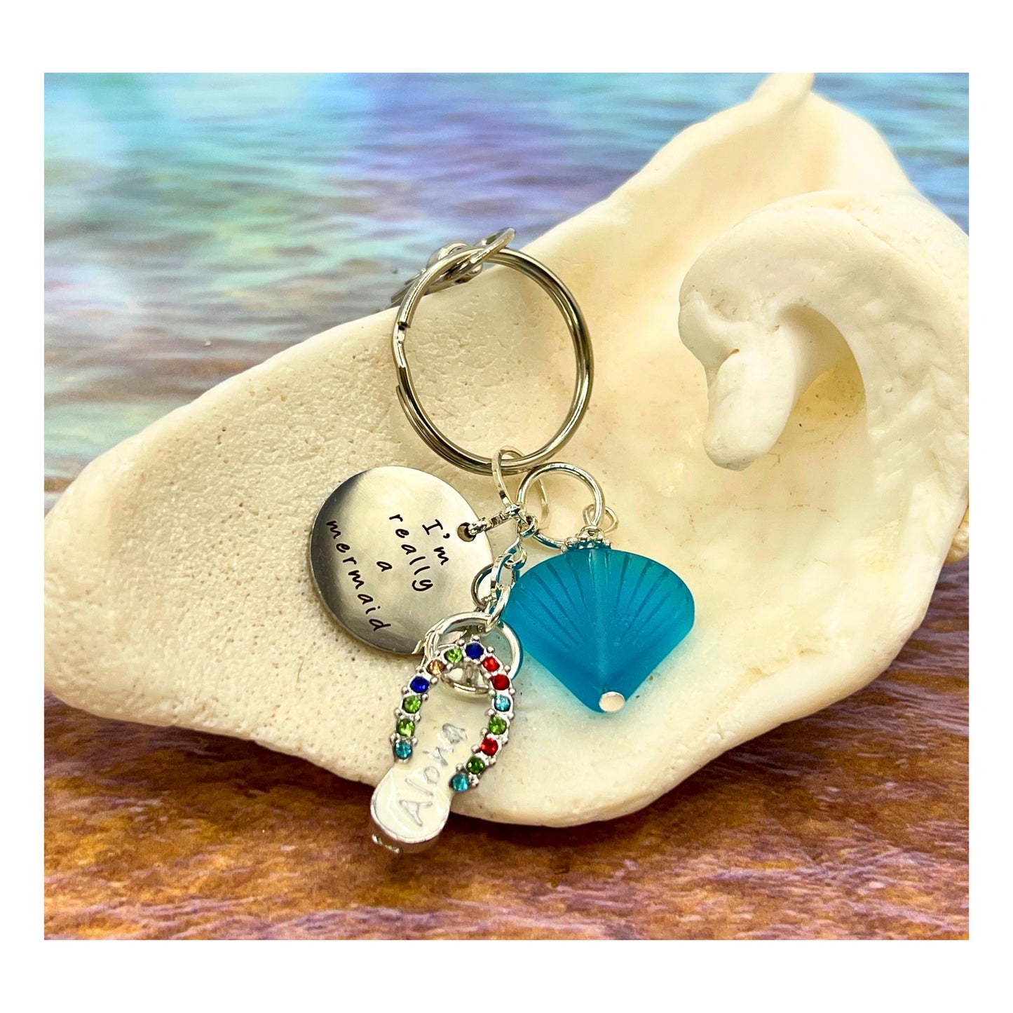 Sea Glass Keychain – Flip Flop & Beach Quote Charm, Coastal Gift for Her (Keychain or Car Charm)