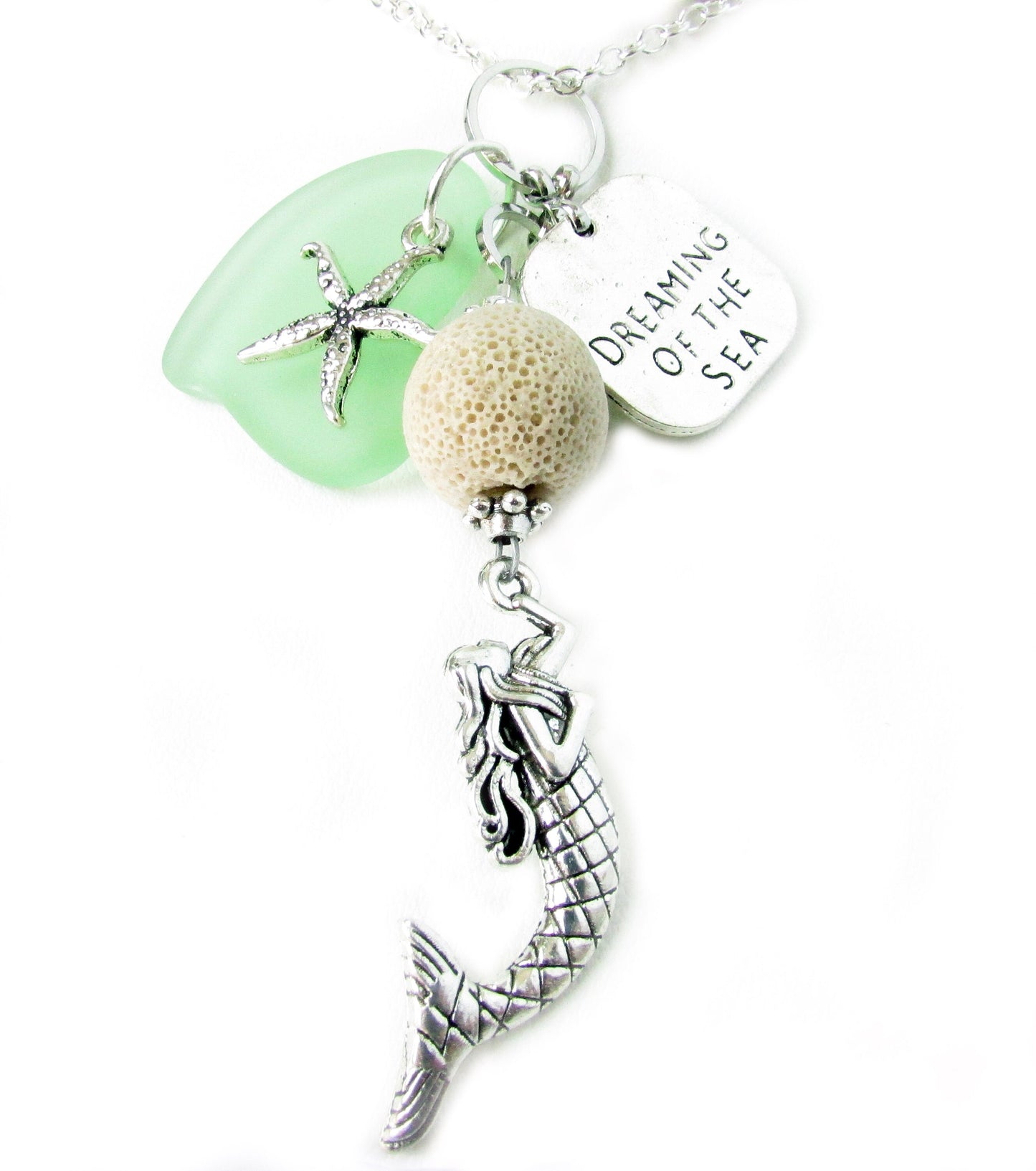 Mermaid Car Charm – Sea Glass Heart & Lava Bead Rear View Mirror Diffuser, Coastal Beach Gift