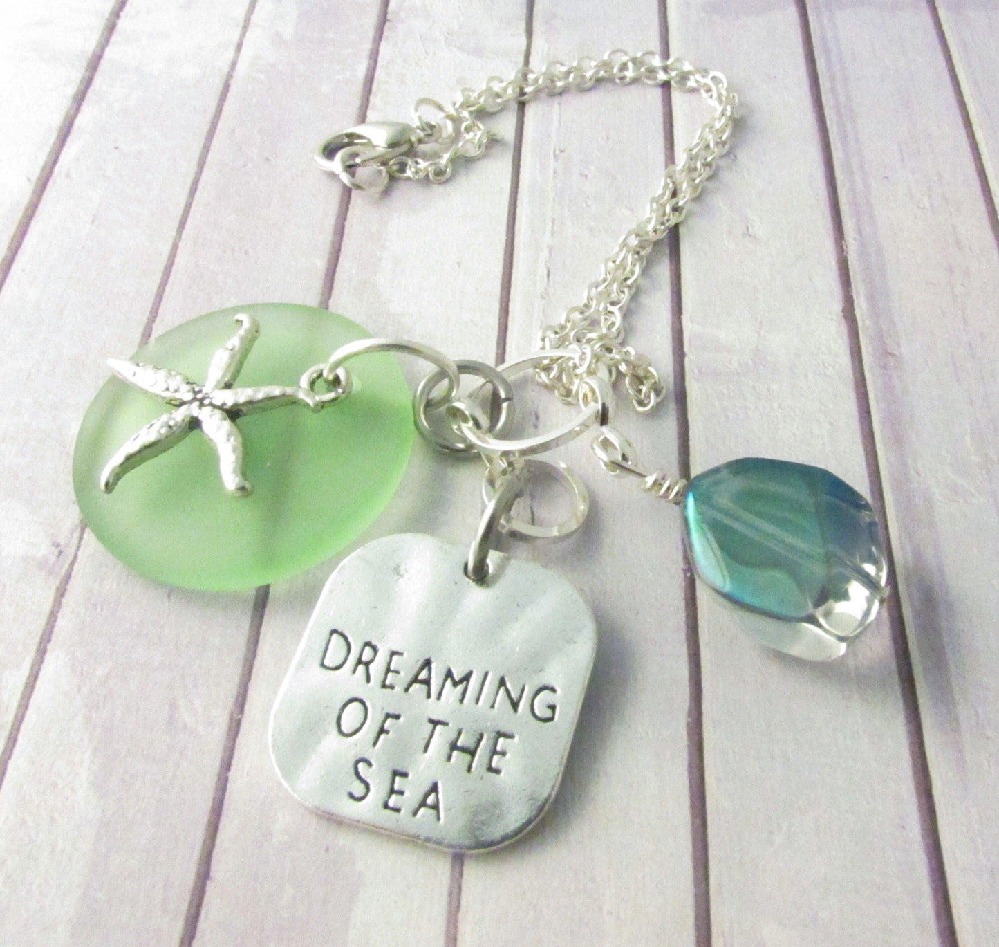 Starfish Car Charm – Sea Glass Rear View Mirror Ornament with Beach Quote