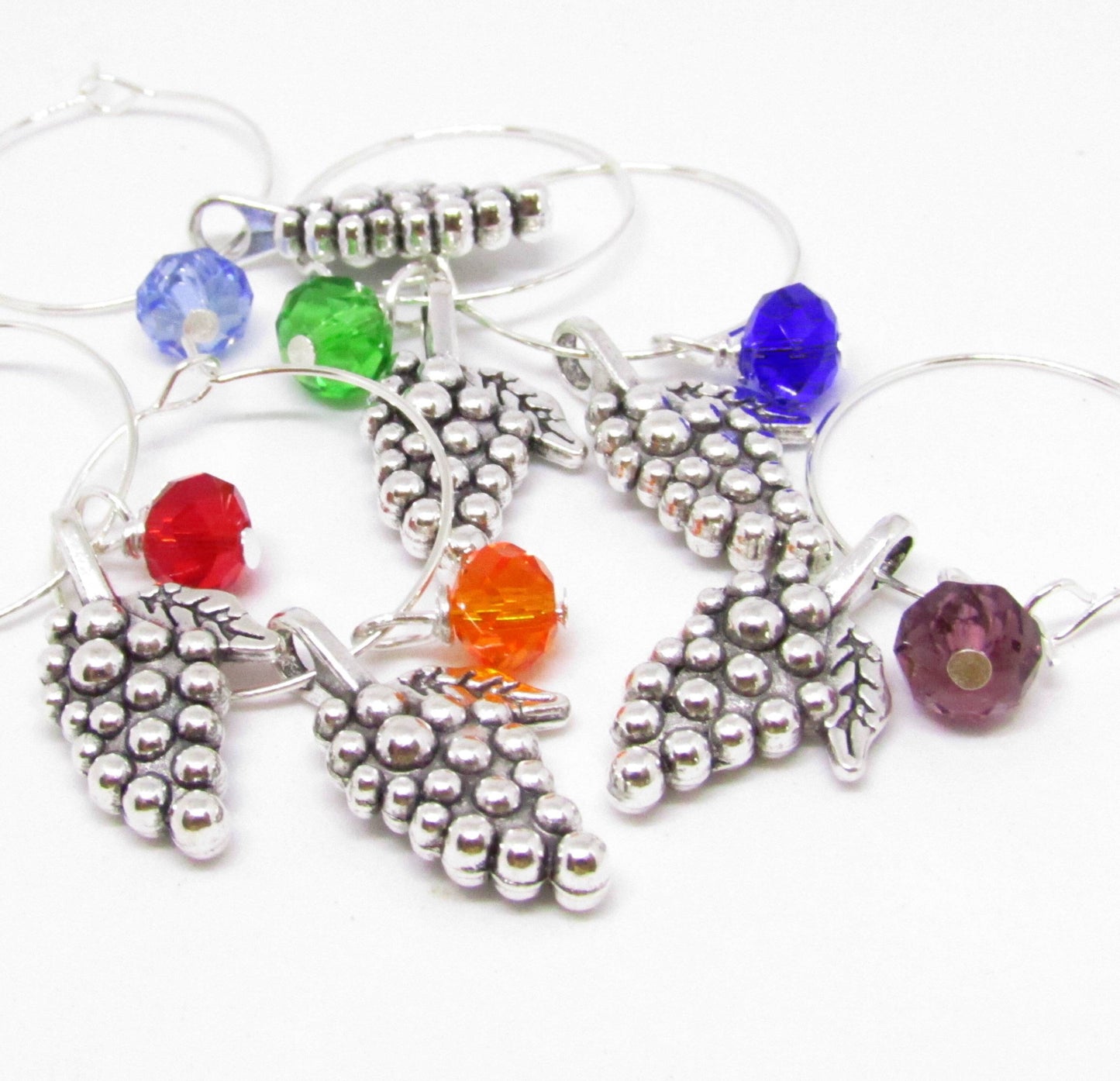 Grape Wine Glass Charms – Crystal Faceted Bead Party Favors, Handmade Set of 6