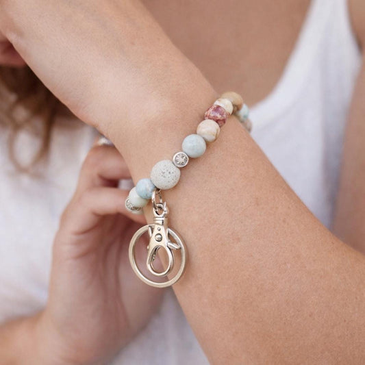 Amazonite essential oil diffuser bracelet wrist lanyard keychain shown on a model — handmade boho accessory